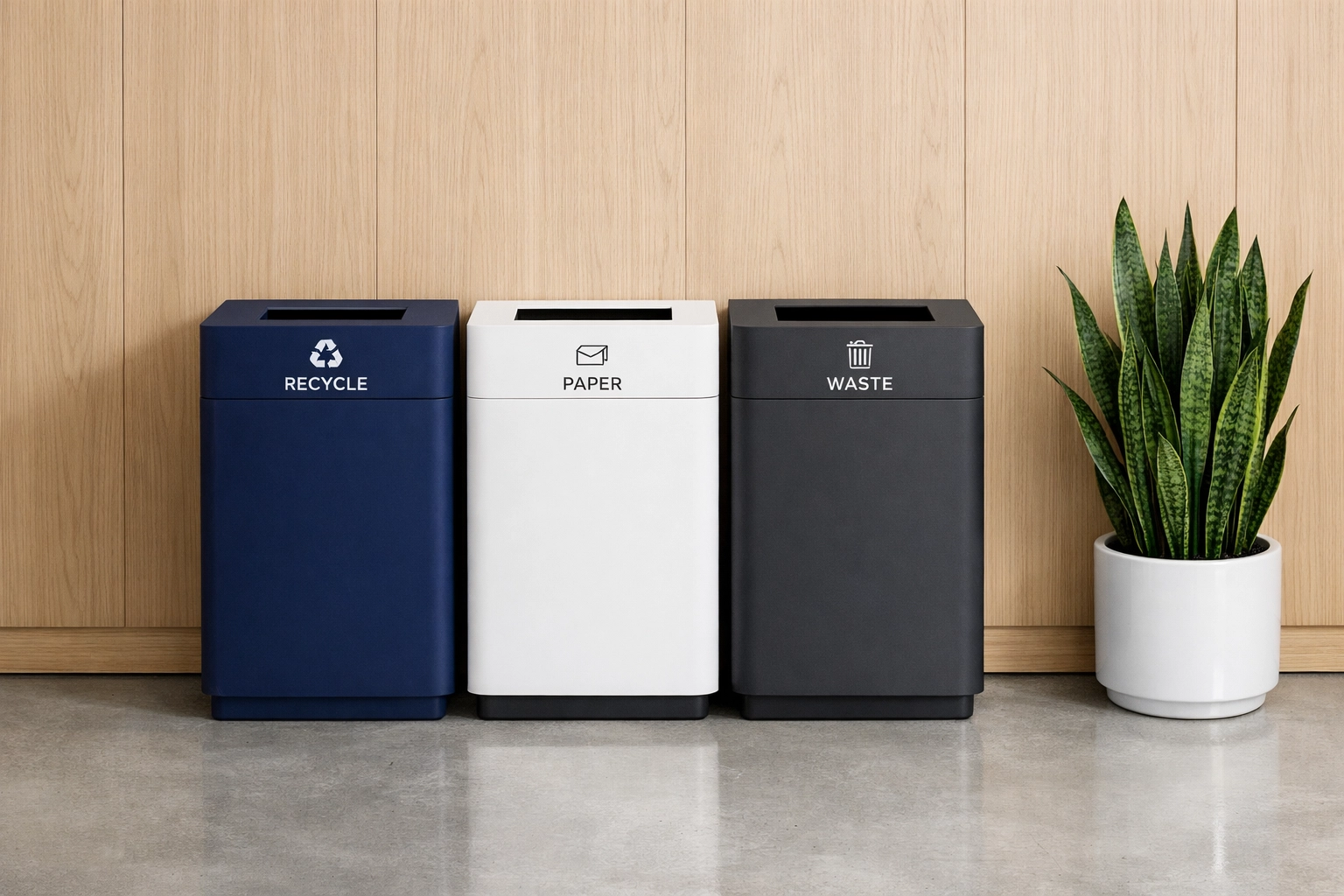 Clean and organized office recycling bins as part of a professional office cleaning Bedford routine.