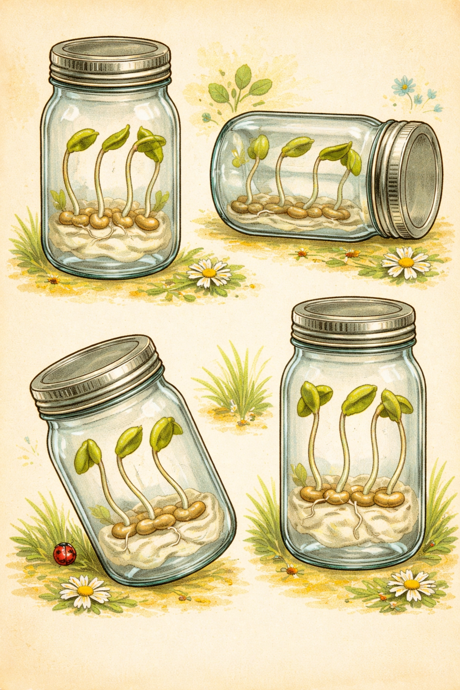 Four jars in different positions, each with bean seeds sprouting roots growing downward, visualizing gravitropism.