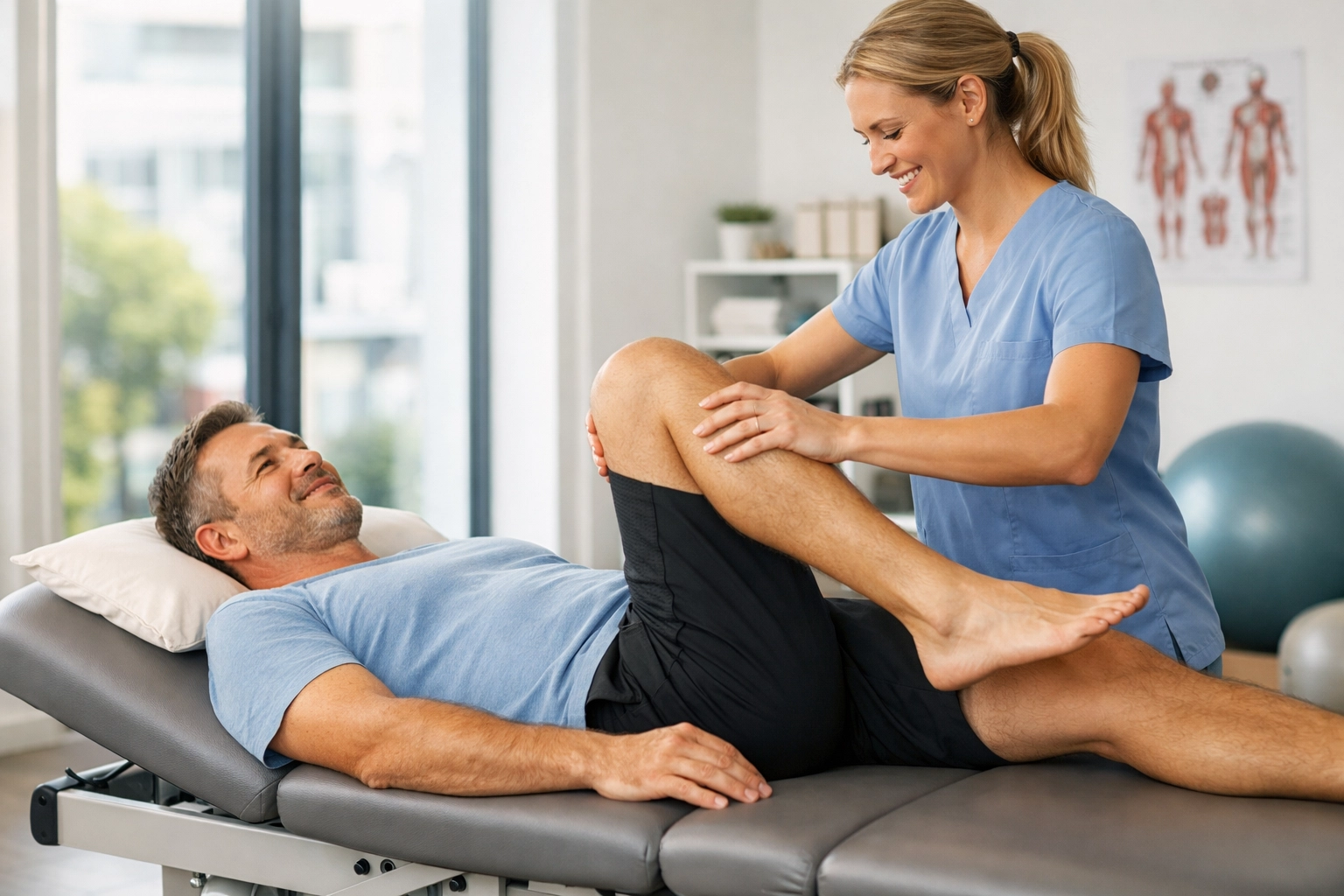 Patient receiving physical therapy for hip labral tear treatment and mobility