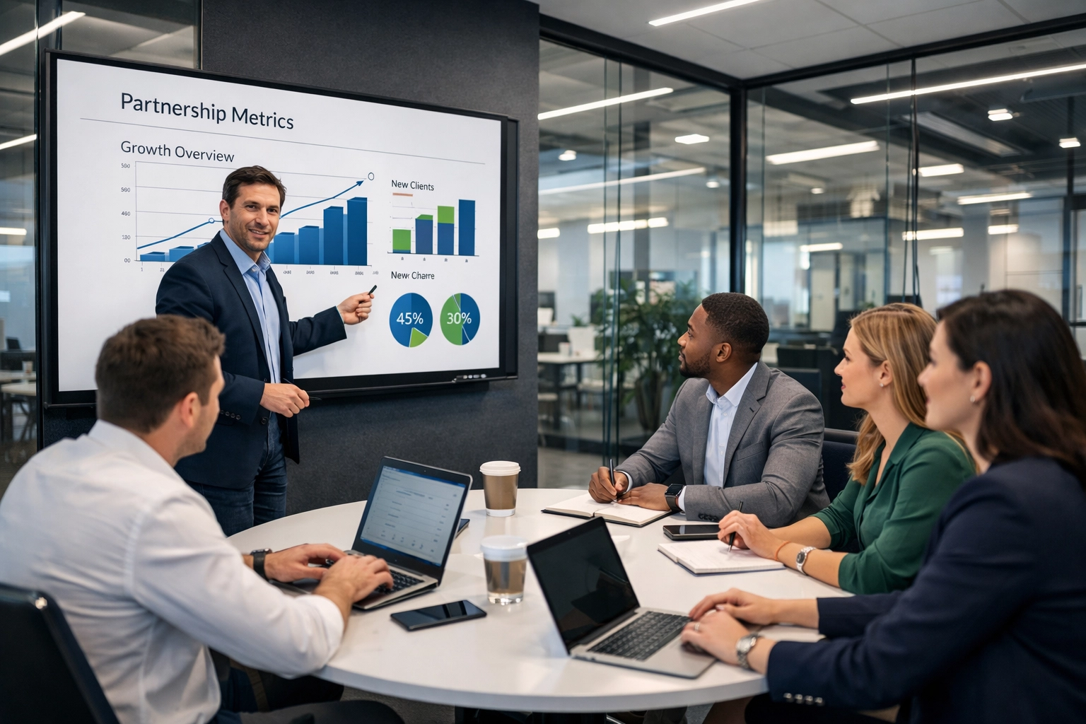 Business team collaborating on partnership strategy and accountability framework