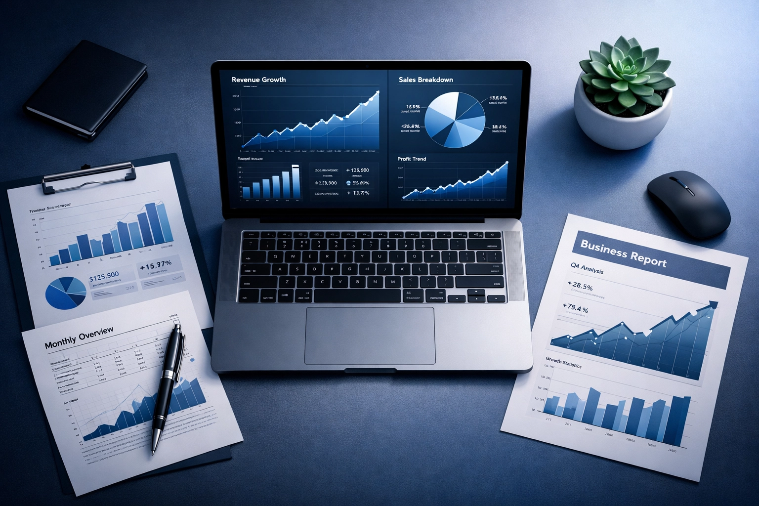 Clean financial dashboards and organized business documents