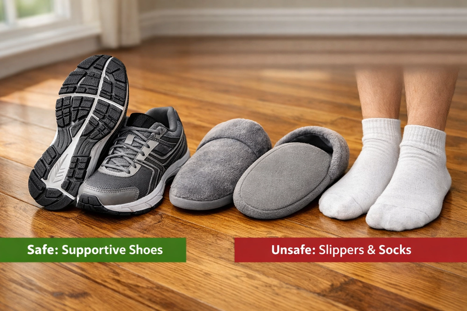 Proper non-slip shoes compared to unsafe footwear for fall prevention at home