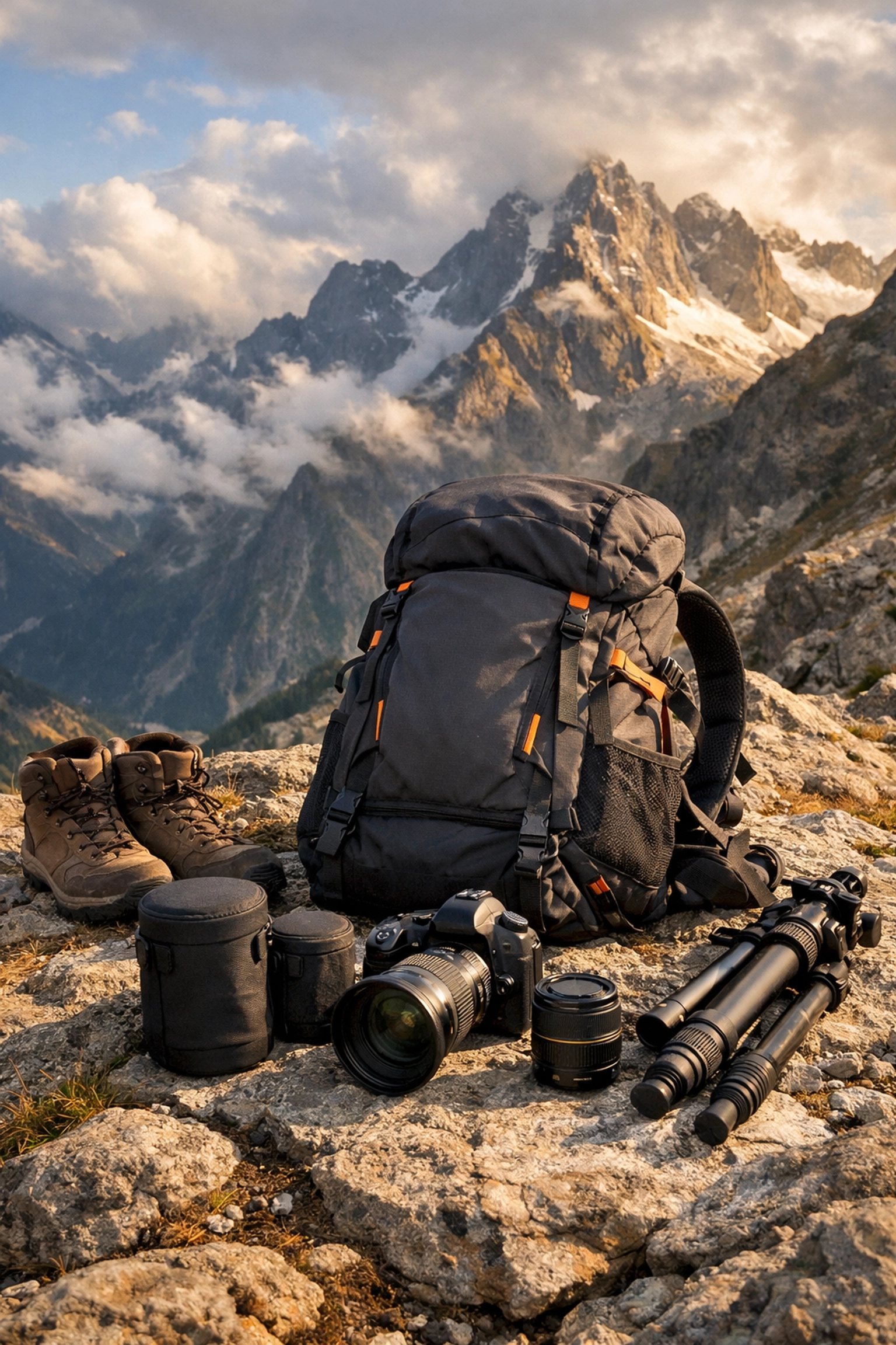 Travel photography gear and camera equipment on mountain terrain for landscape shooting