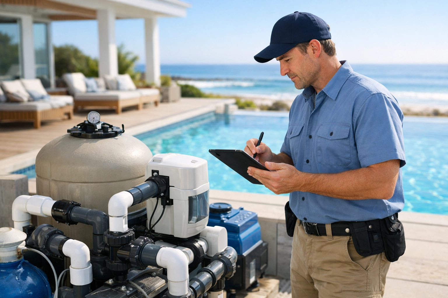 Professional maintenance inspection of luxury beachfront property pool equipment