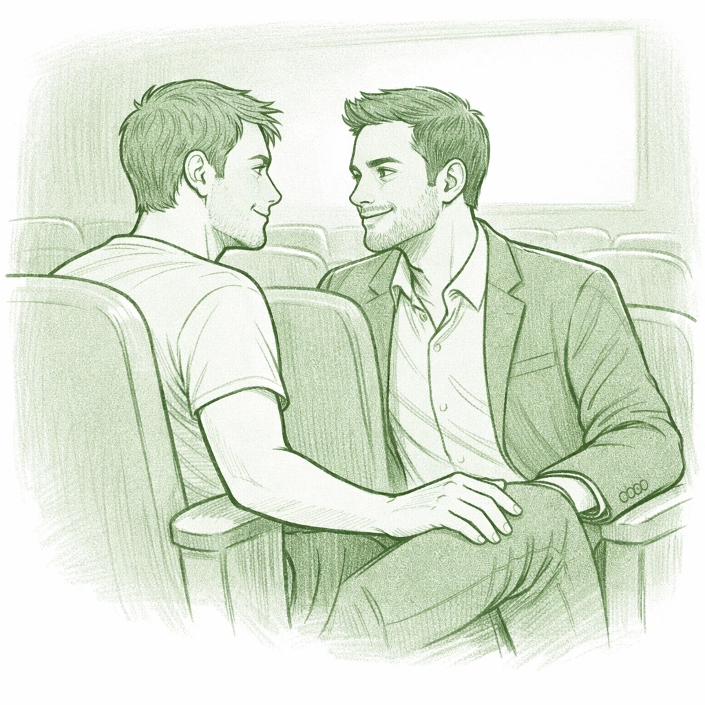Gay couple sharing intimate moment in movie theater seats - MM romance connection