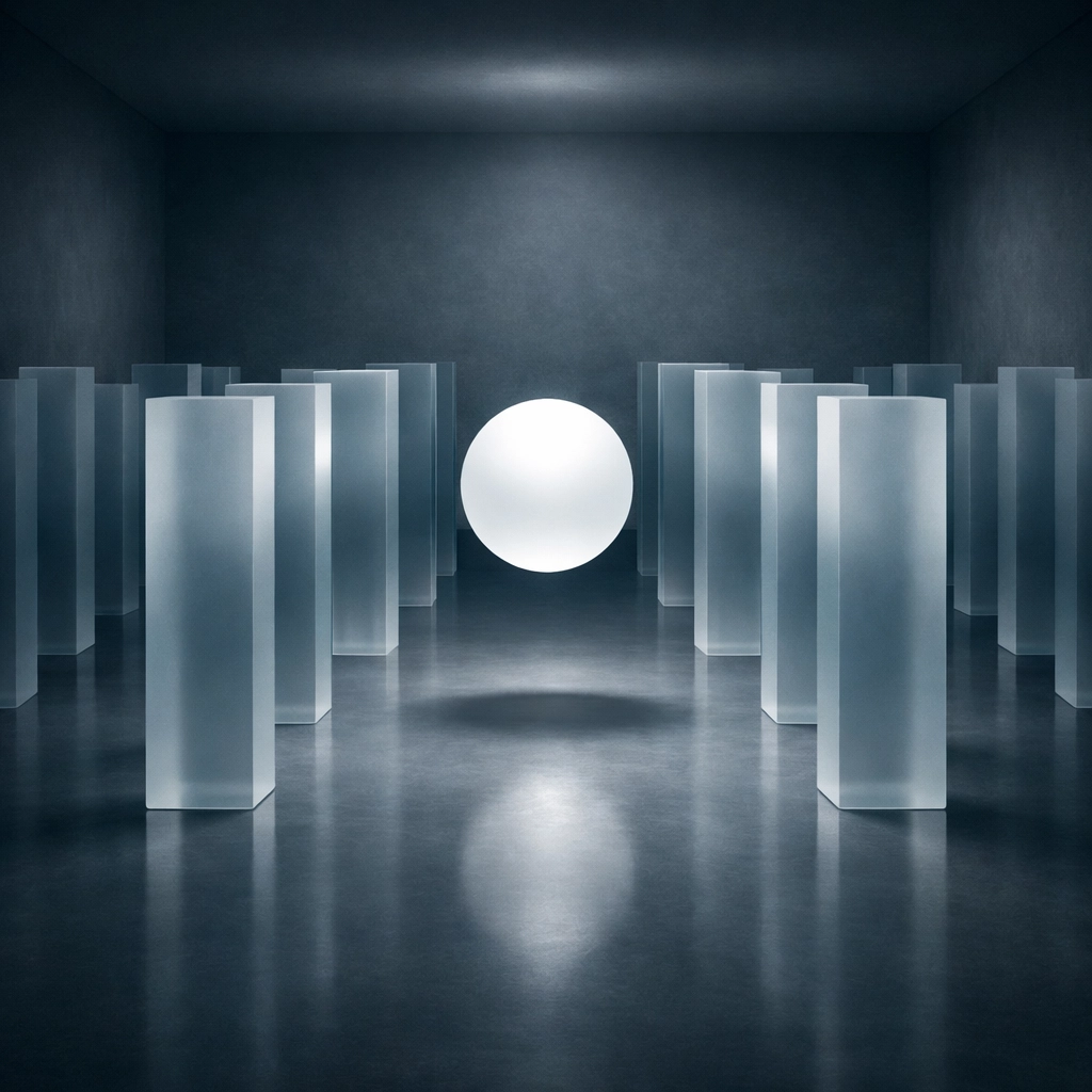 Abstract geometric pillars and a central orb symbolizing structured AI governance and NIST CSF 2.0 frameworks.