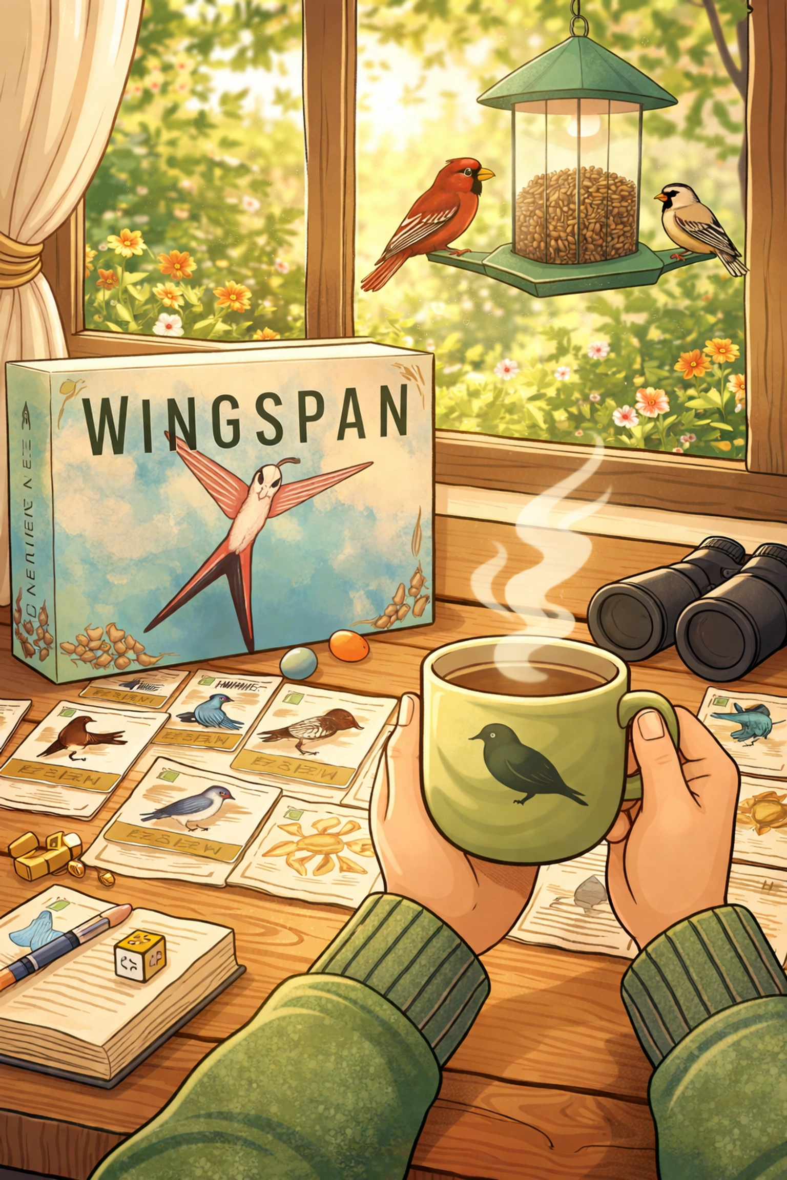 Cozy scene of hands holding a bird mug with a birdwatching board game and feeder outside, showcasing birding gifts and experiences.