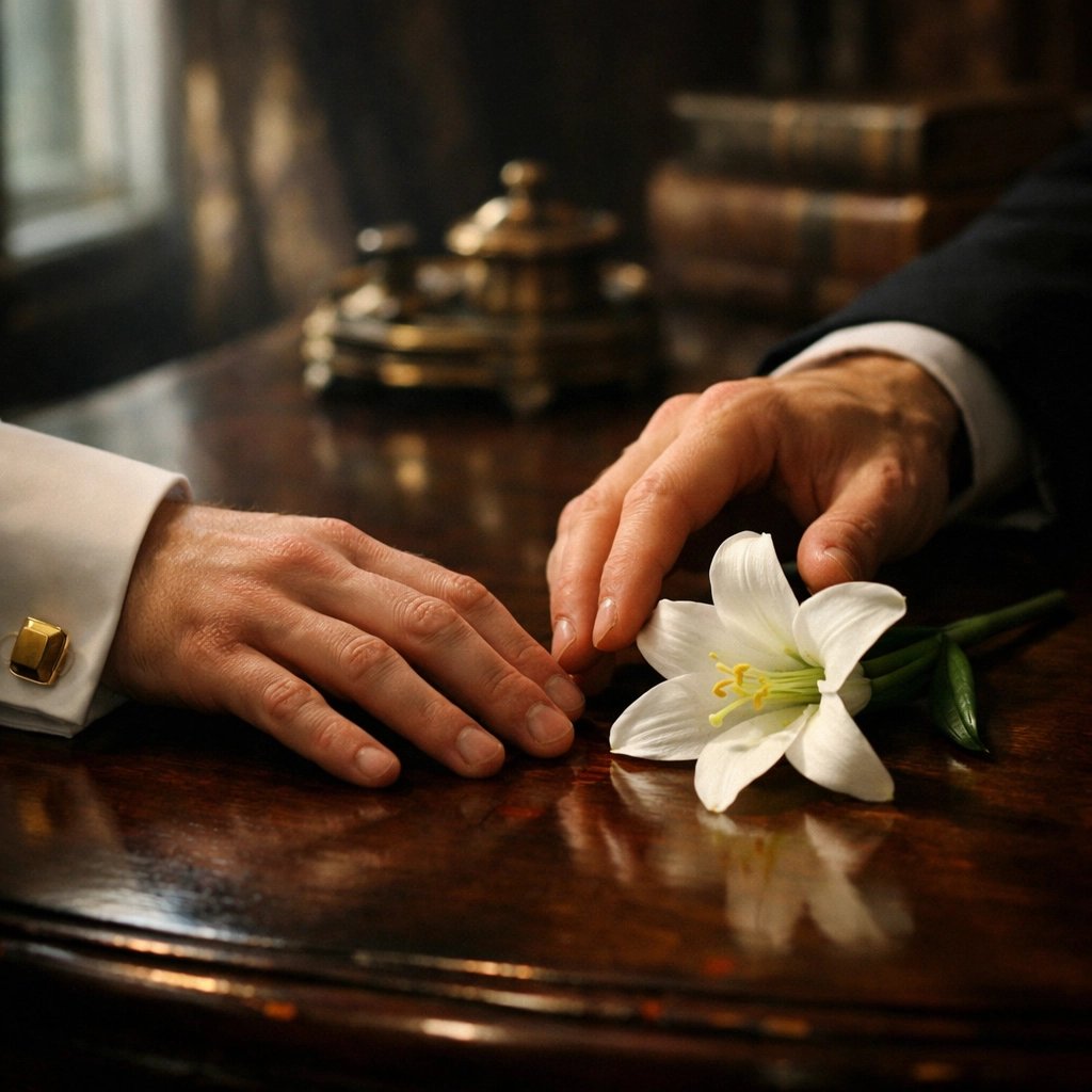Two men's hands nearly touching beside an Easter lily in a Victorian study, representing queer longing.
