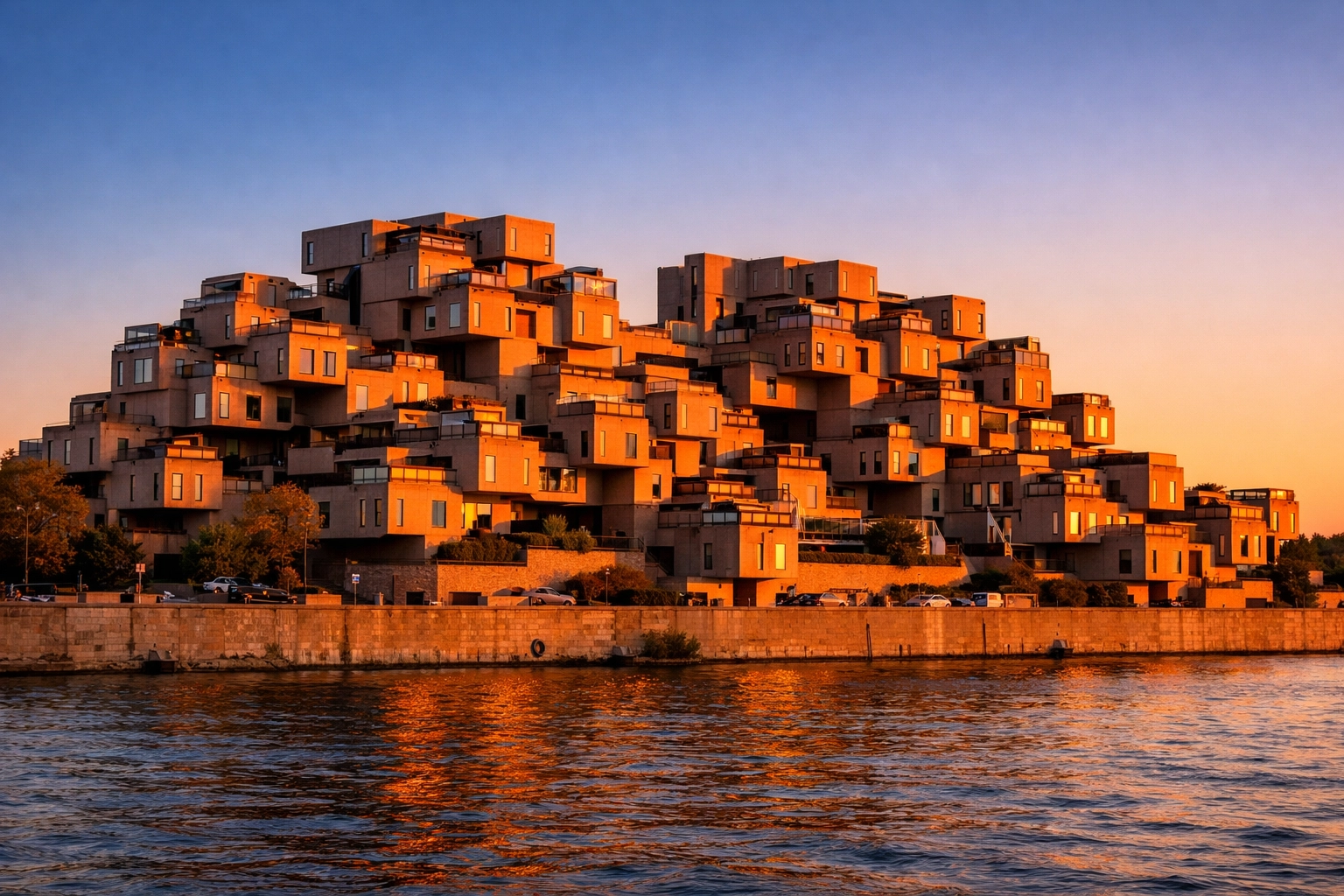 Stunning view of the Habitat 67 housing complex, a famous and free landmark to visit in Montreal.