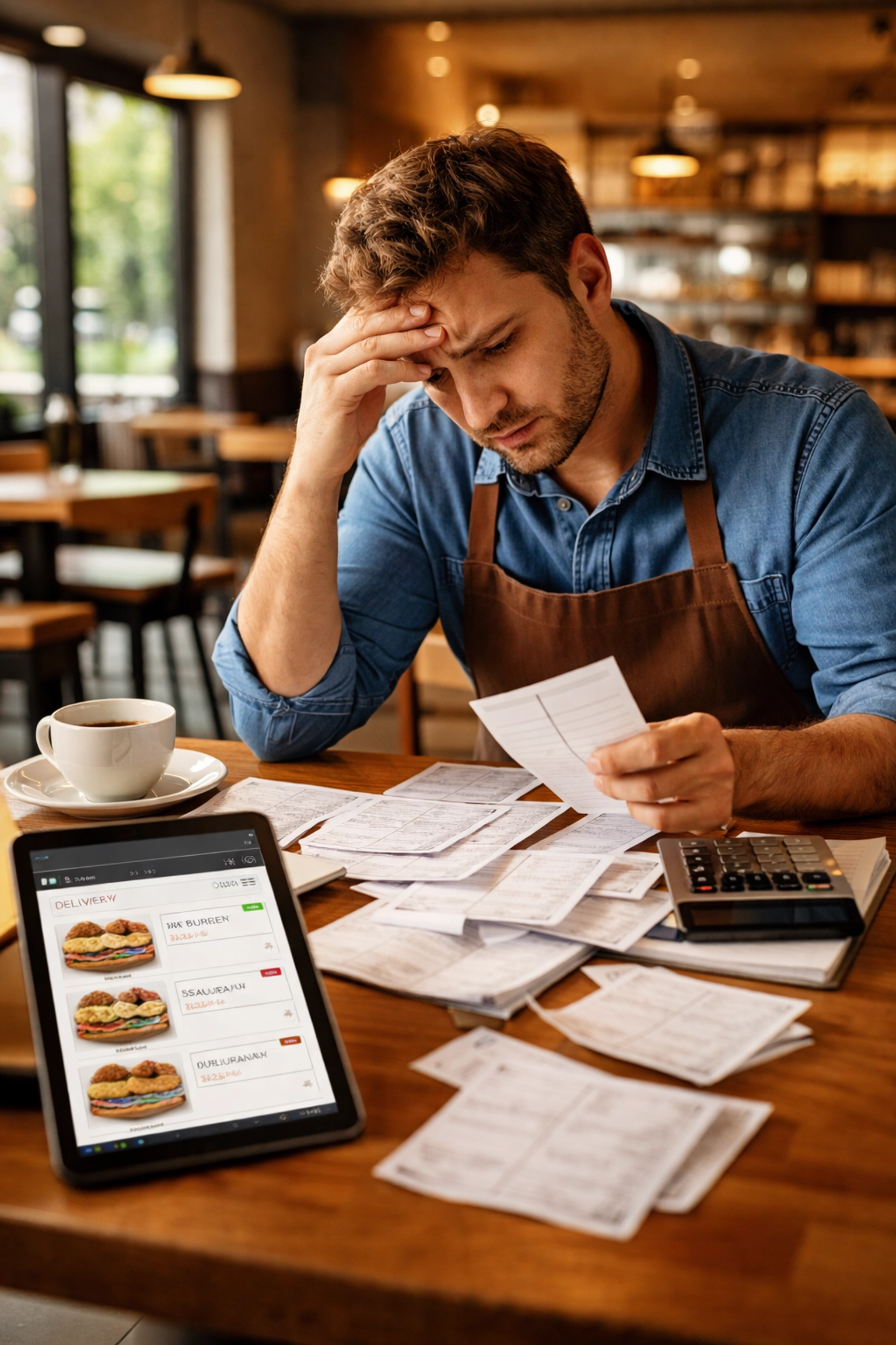 Restaurant owner stressed over bills and commission fees from delivery apps in a modern restaurant setting