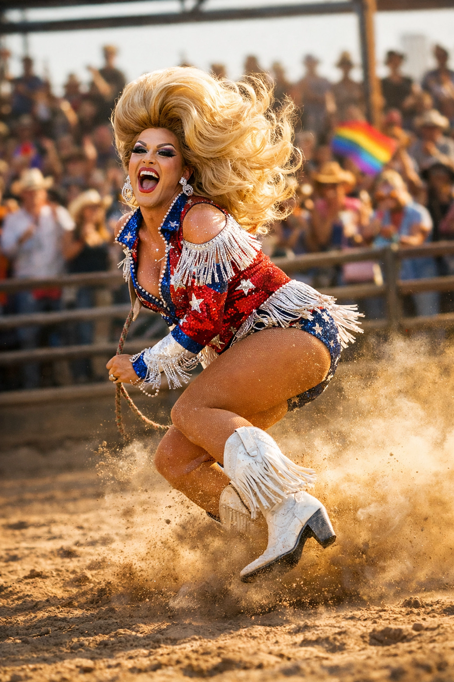 Drag performer in a sequined Western outfit participating in a high-energy gay rodeo camp event.