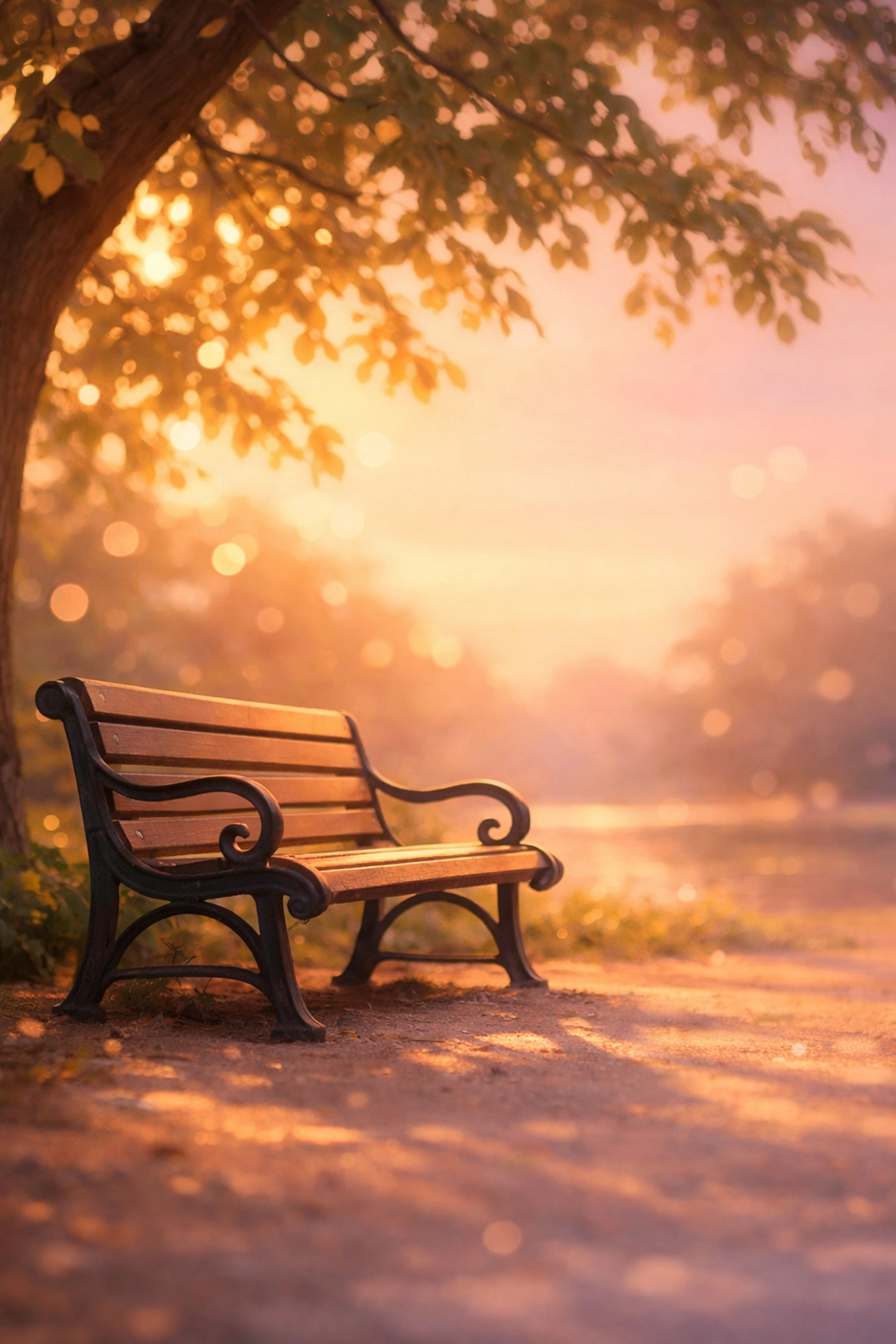Peaceful park bench at sunrise symbolizing moments of stillness and mental rest from overthinking