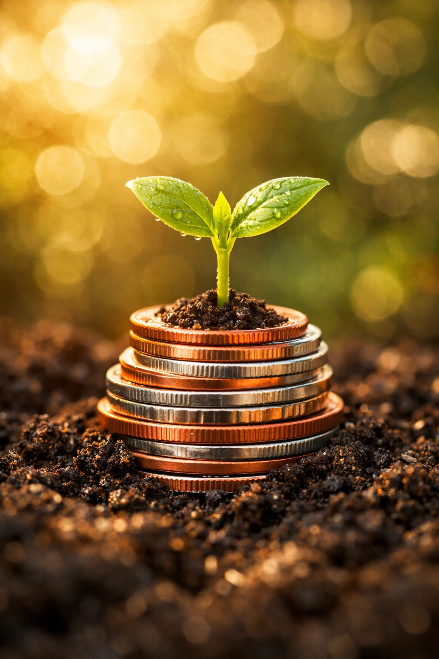 A green seedling growing from a pile of coins, symbolizing the long-term growth of small monthly savings.