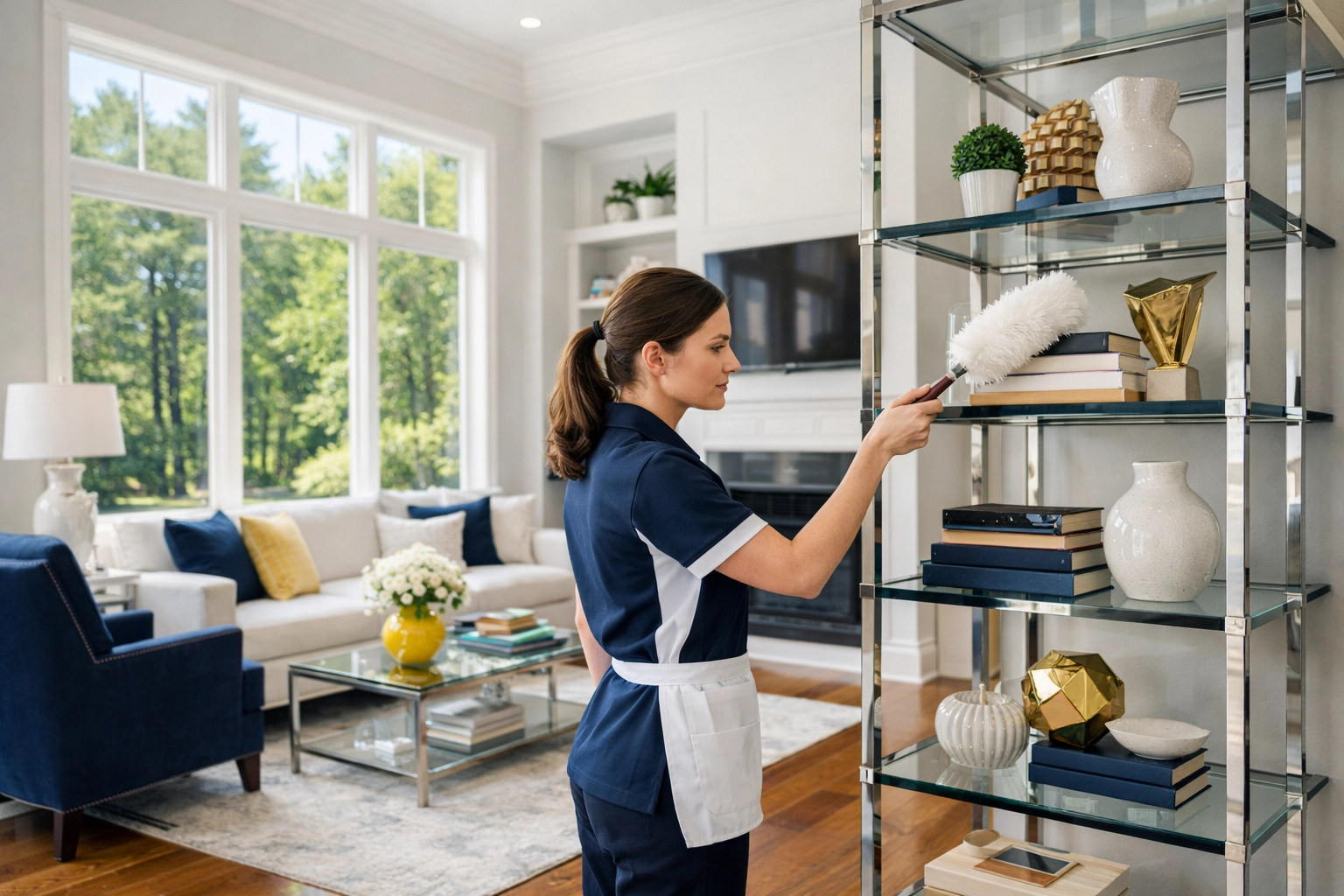 Expert professional house cleaning in Ashby featuring meticulous dusting of a modern living room interior.