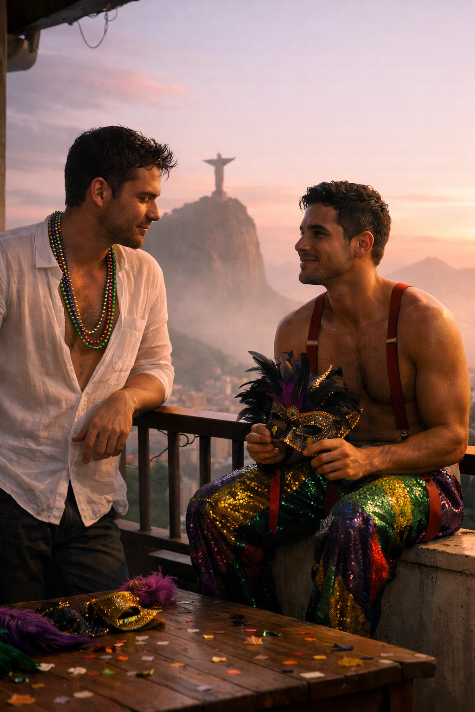 Intimate gay romance moment on Rio balcony at dawn after Carnival celebration