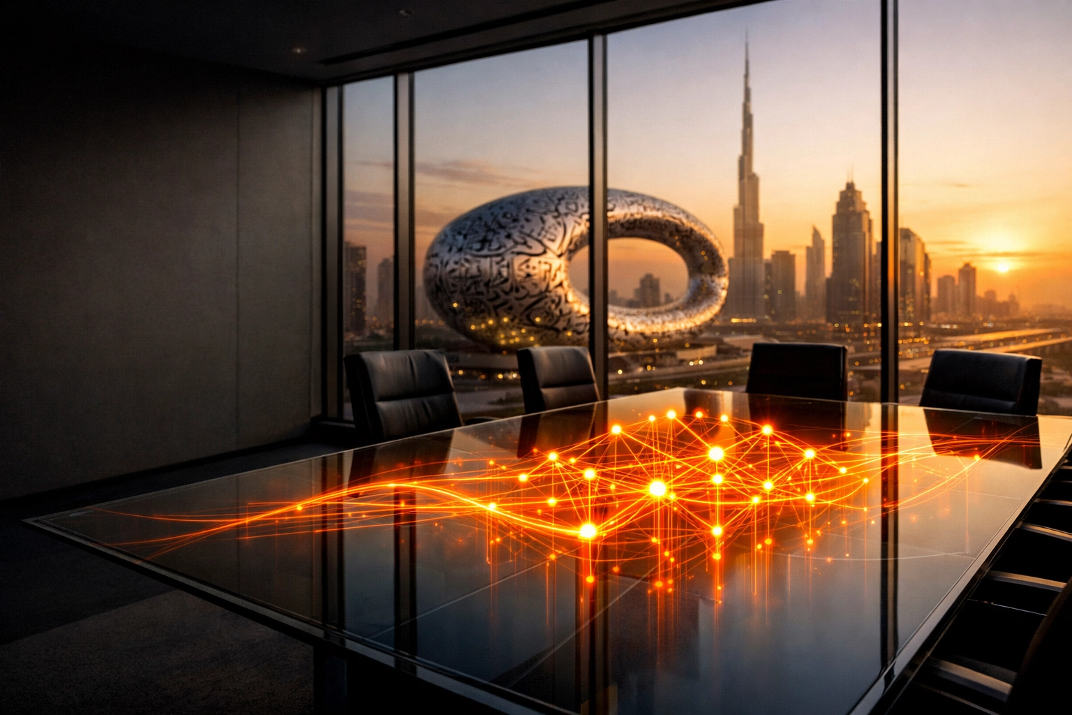 Modern Dubai boardroom with AI data graphics showing fast-track UAE Golden Visa and company setup eligibility.