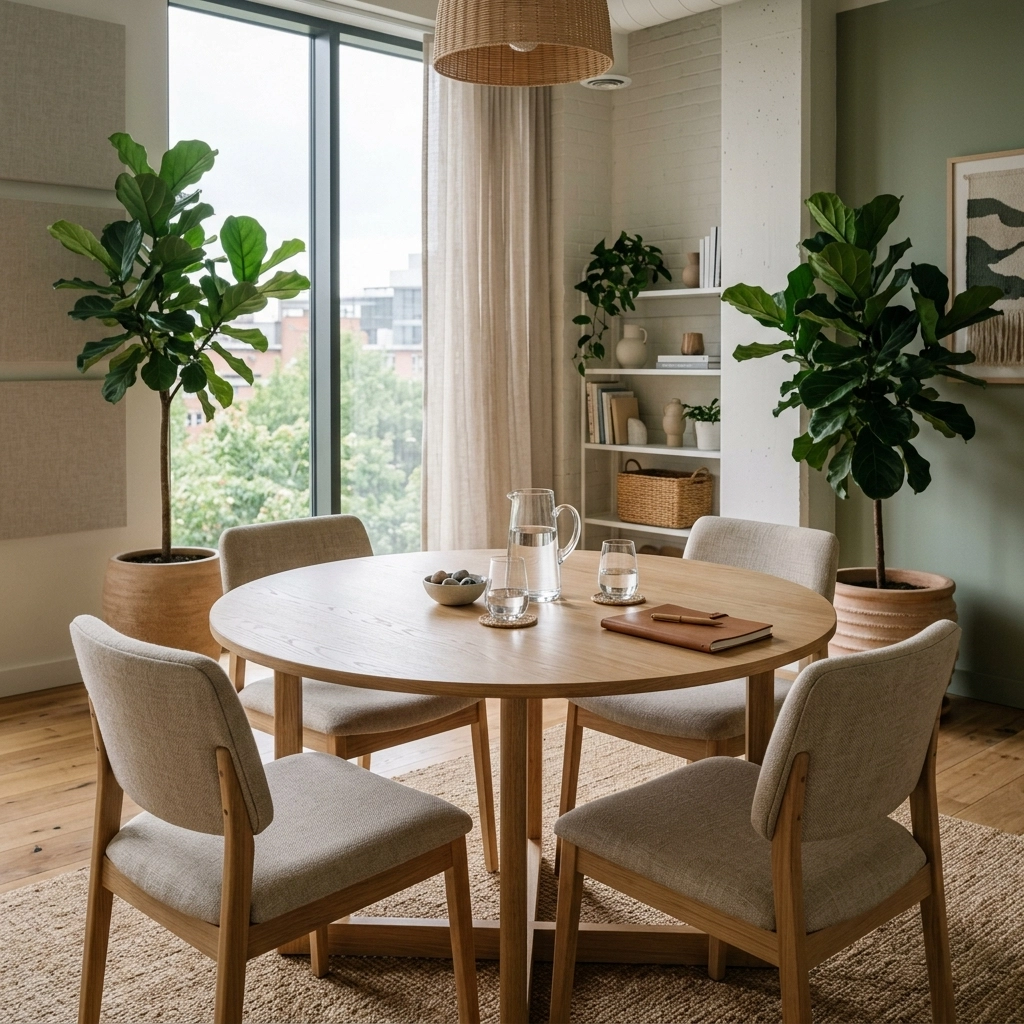 Serene modern conference room with a light-oak table and neutral upholstered chairs