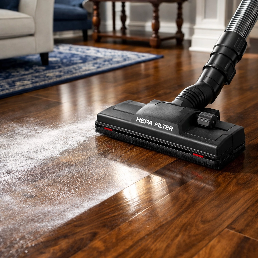 Professional HEPA vacuum removing white construction dust from dark wood floors in a Franklin home.