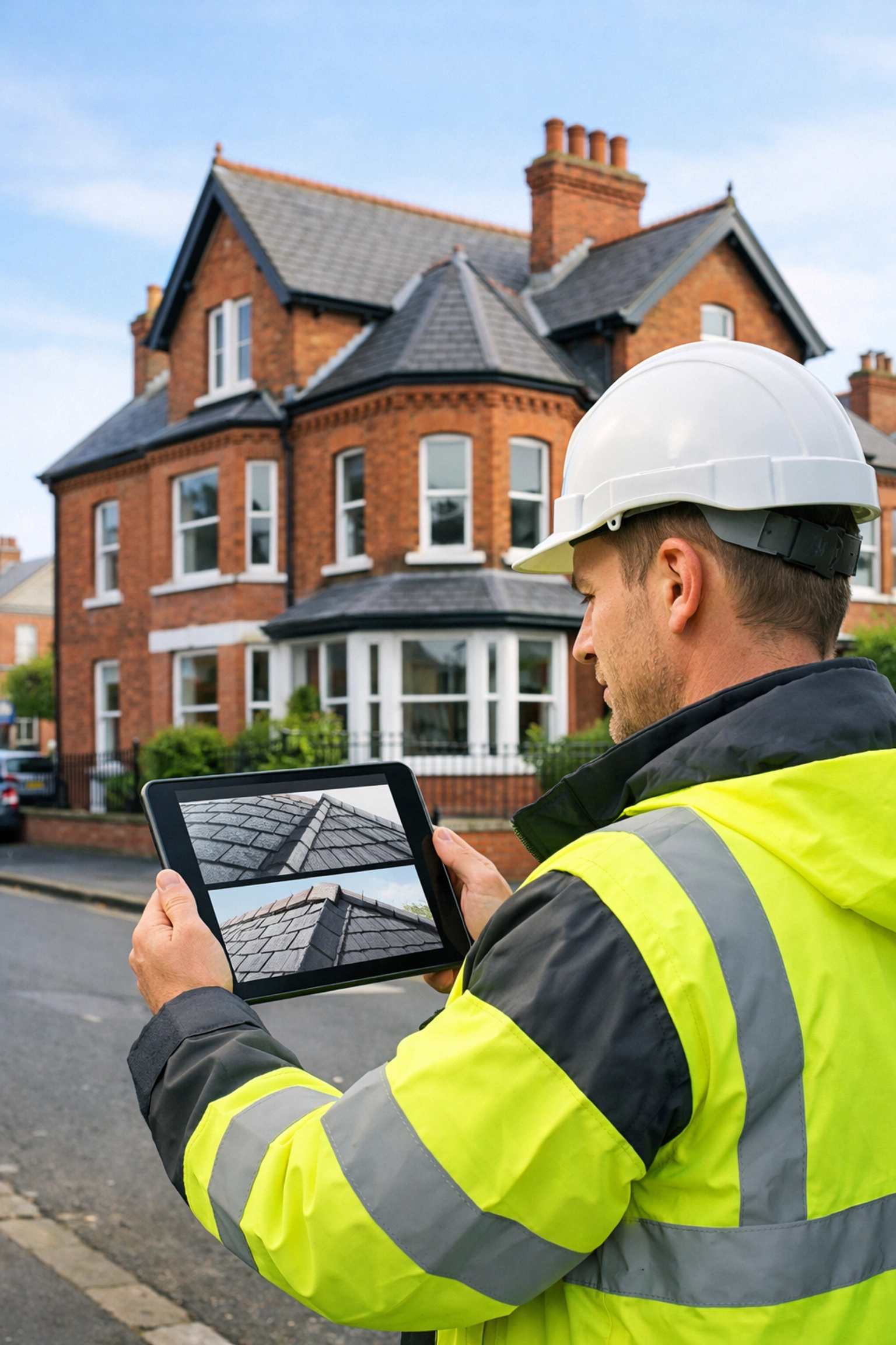 A professional surveyor performing a roof survey on a classic Belfast property to identify potential defects.