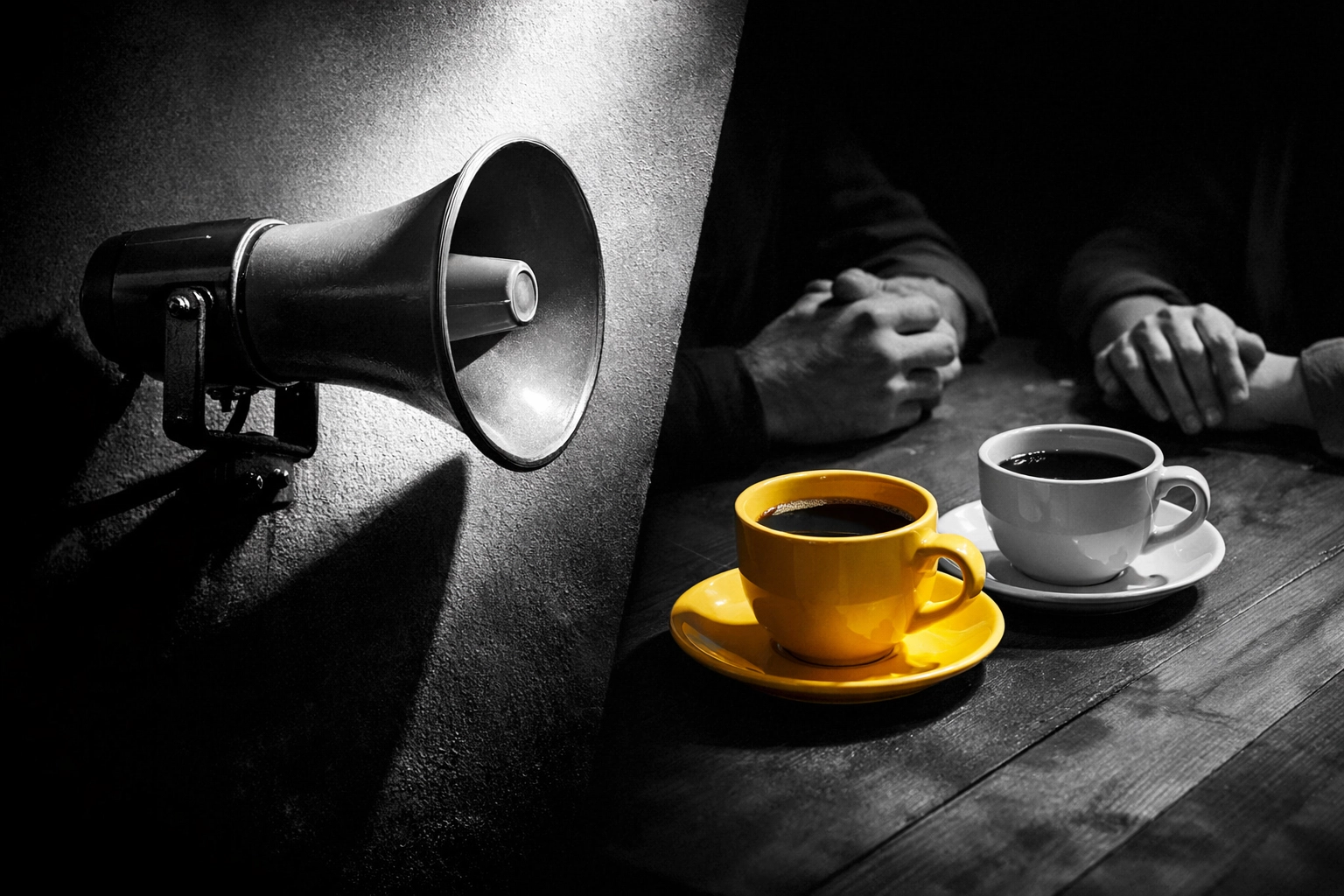Megaphone versus coffee cups illustrating broadcast vs conversation in Christian community