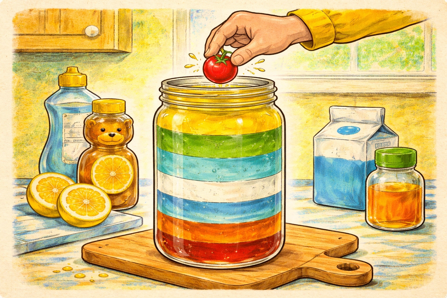 Cartoon hand dropping a cherry tomato into a finished rainbow density tower with six distinct liquid layers.