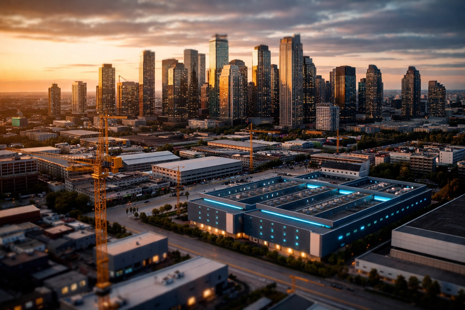 Modern city skyline at sunset illustrating growth in real estate and data center investments for diversified portfolios.