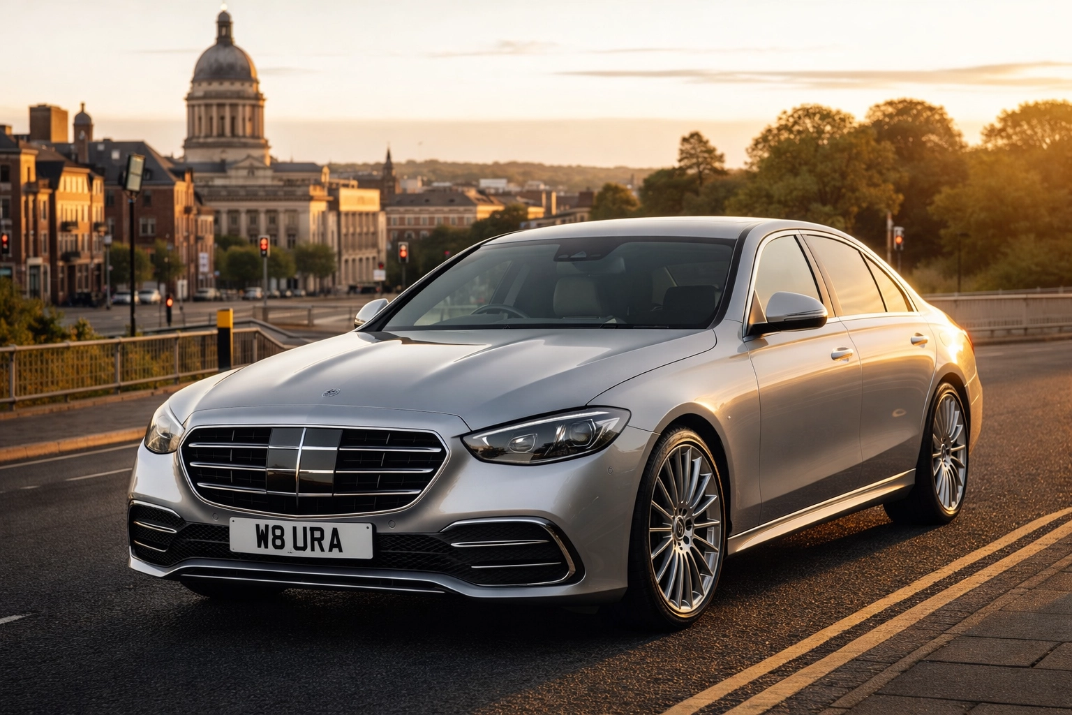 Silver Mercedes-Benz S-Class W223 with W8URA plate on a Nottingham road (doors closed).