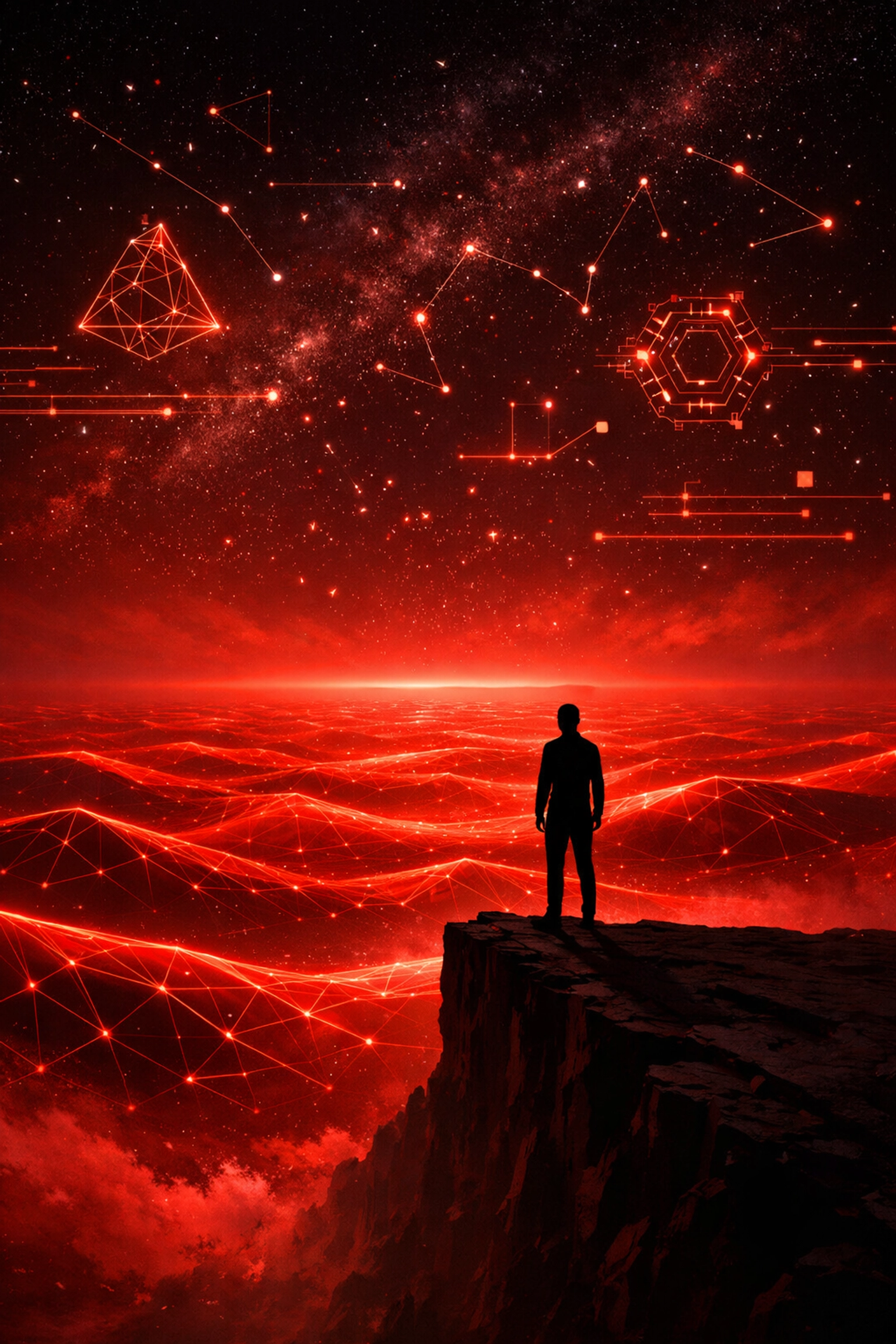 A silhouette overlooking a digital horizon of red geometric waves, representing the future of visionary marketing.