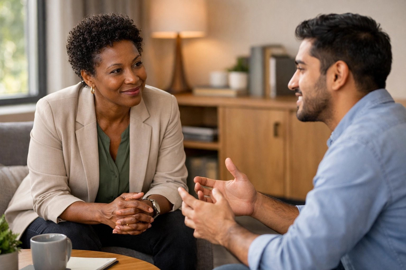 Manager and employee in supportive one-on-one conversation showing authentic leadership connection
