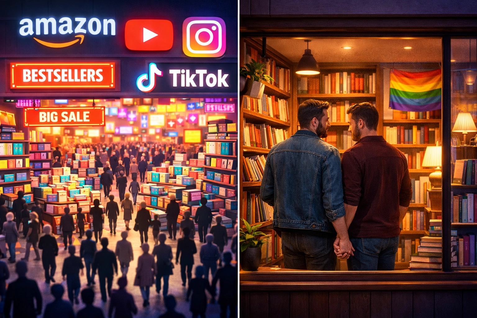 Hybrid publishing comparison: crowded mainstream platform vs intimate LGBTQ+ direct bookstore