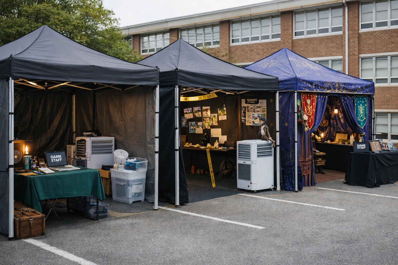 Multiple 13×13 themed pop-up escape room tents lined up in a school/camp parking lot, showcasing a scalable, climate-controlled mobile event setup.