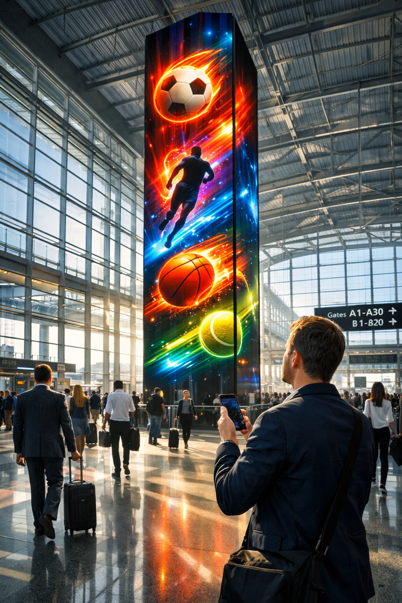Digital OOH display at an airport terminal capturing the attention of travelers before Super Bowl 2026.