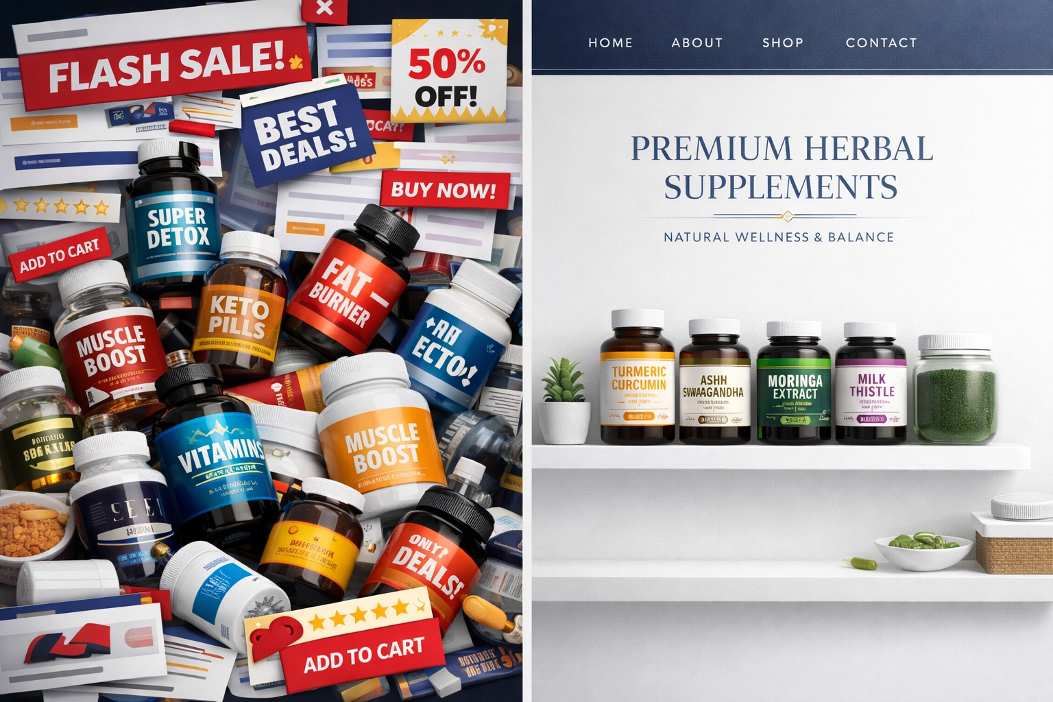 Comparison of chaotic online marketplace versus professional supplement retailer website