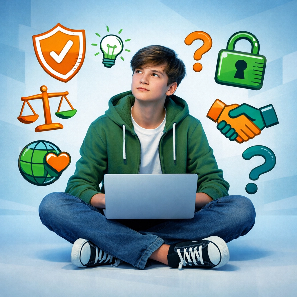 Teen learning digital wisdom and AI ethics for responsible technology use