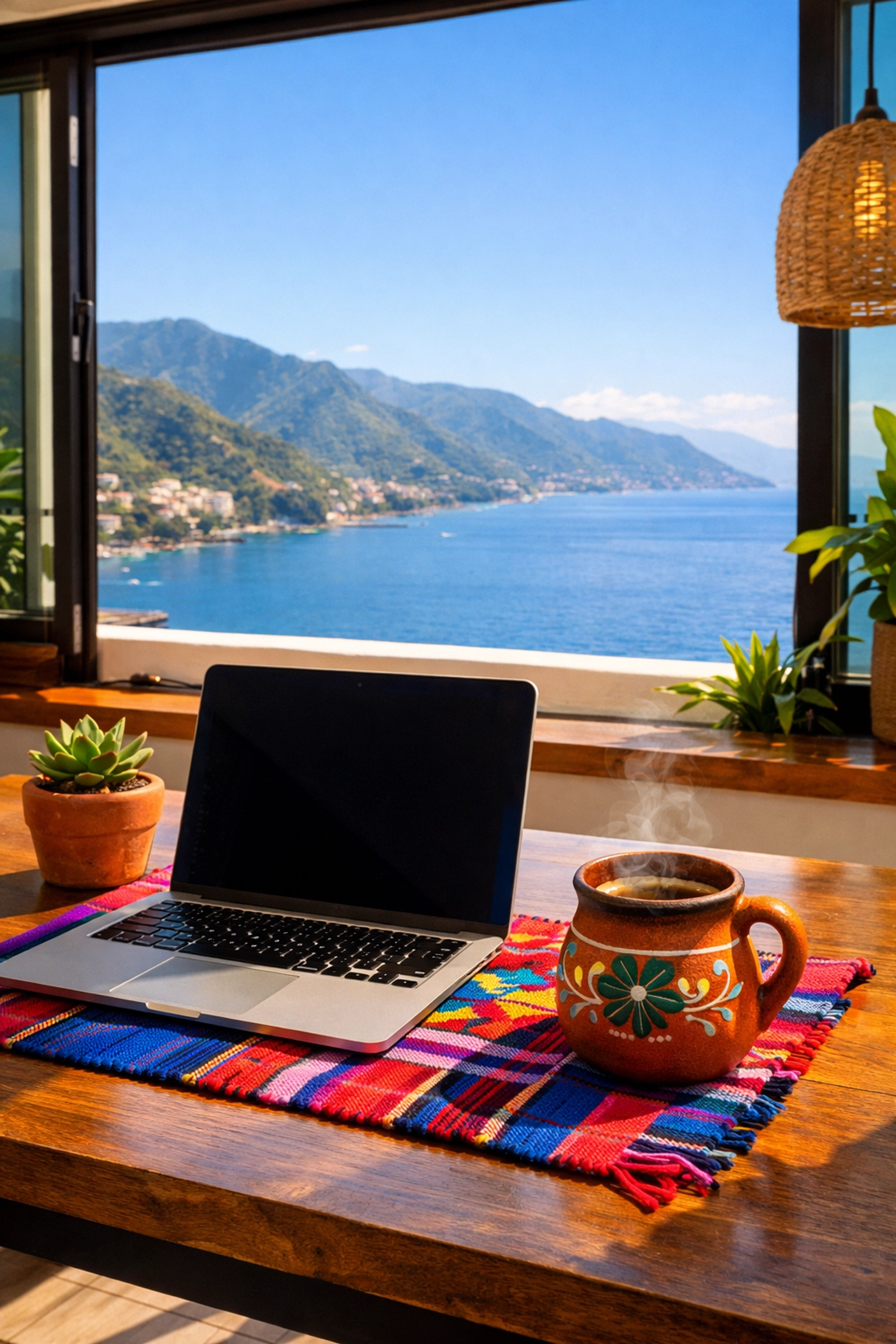 Bright digital nomad workspace in an Amapas condo rental overlooking the mountains and ocean in Mexico.