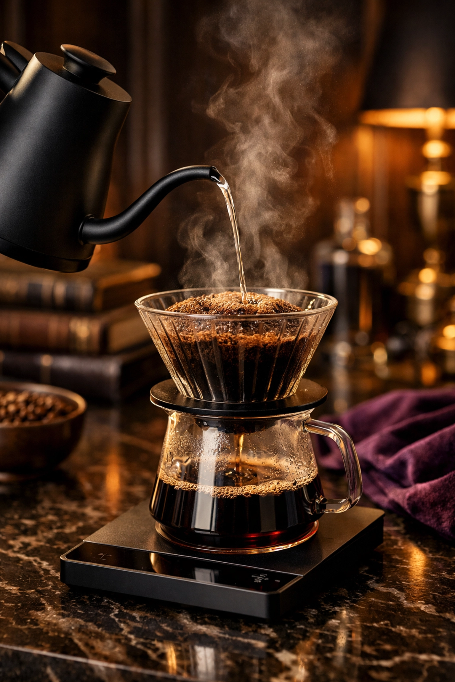 The Morning Ritual: How Premium Coffee Beans Fuel Your Productivity Brewing premium coffee beans with a pour-over setup on a marble surface for a productive morning ritual.