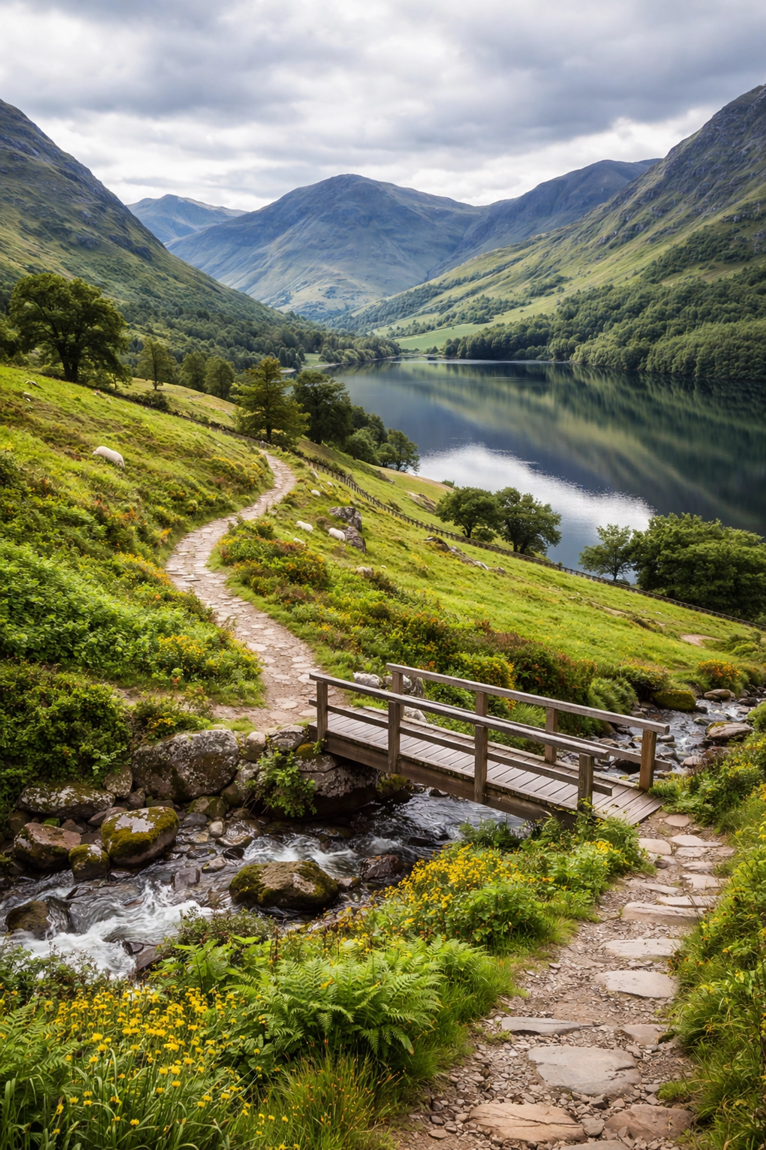 Scenic Lake District trail with footbridge, reflecting popular routes for guided walks Lake District