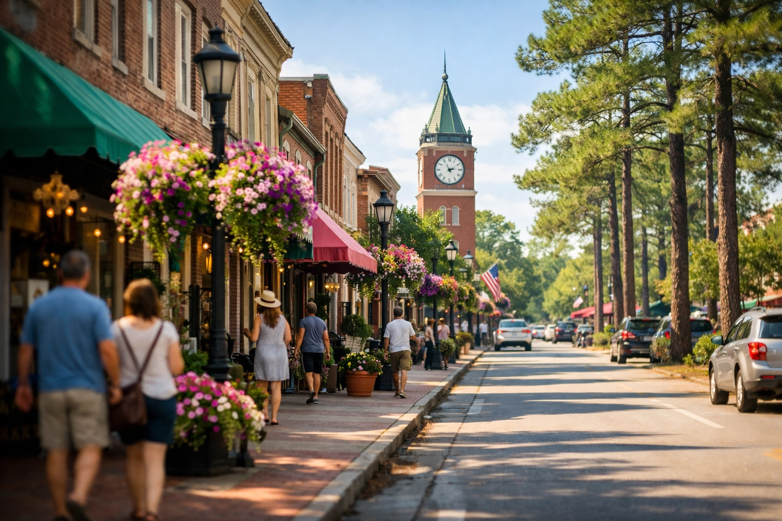 Historic shops and the iconic clock tower on Main Street in downtown Summerville during the morning.