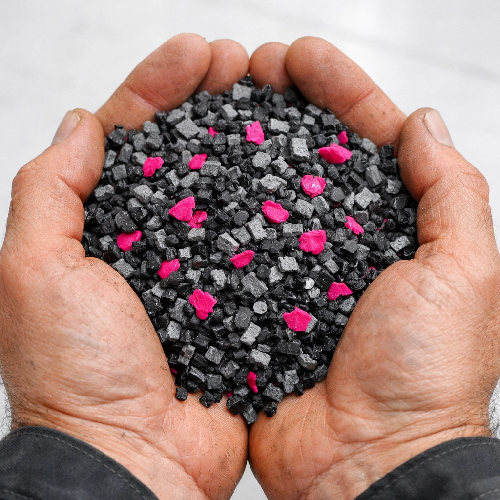 Close-up of recycled plastic granules used in closed-loop manufacturing and material recovery.