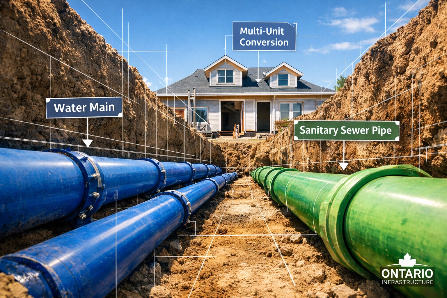 Professional underground site servicing pipes for a 4-plex conversion project in Ontario.
