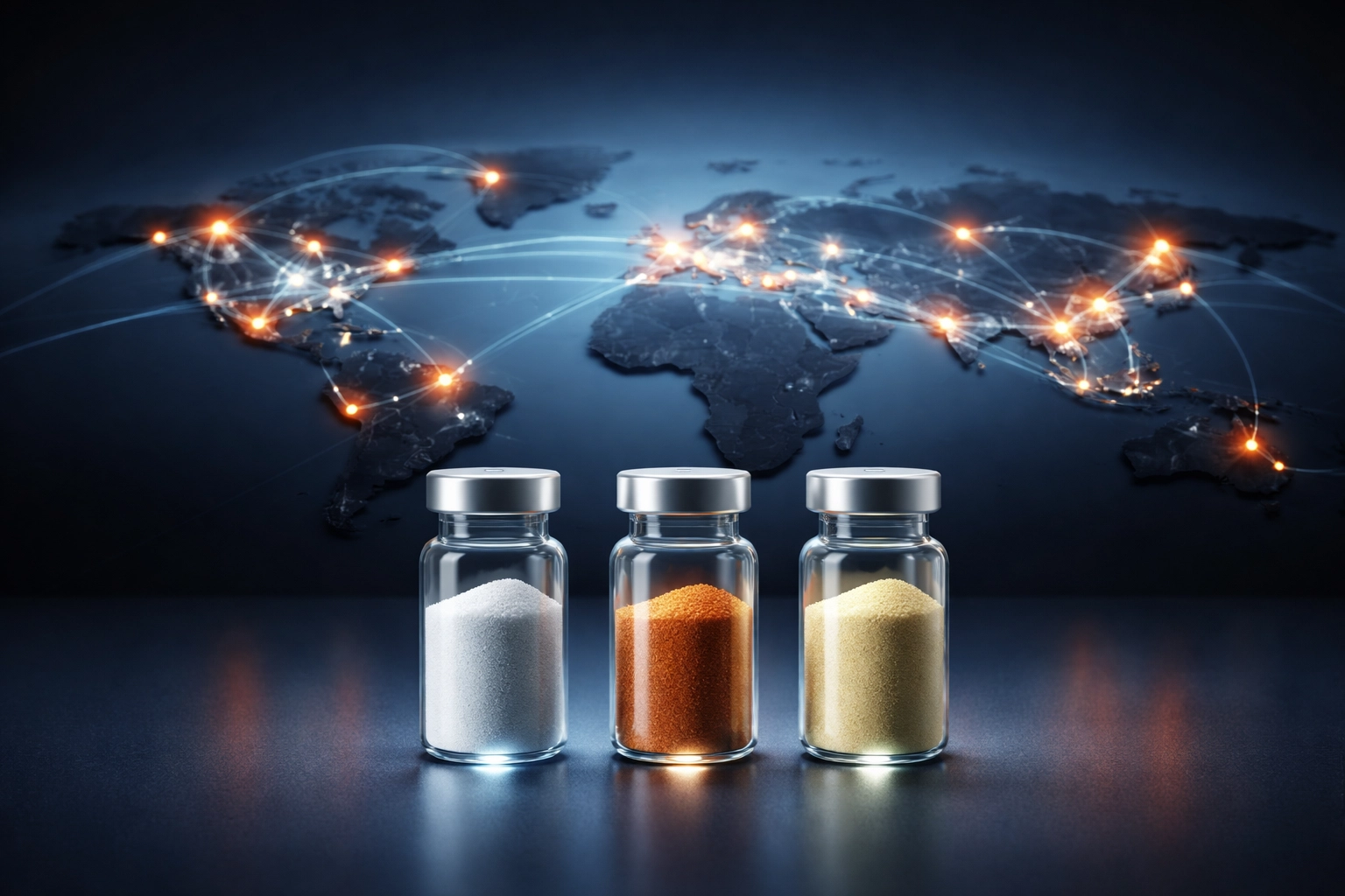 Global ingredient supply chain map with highlighted supplier locations and colored ingredient vials illustrating diversification