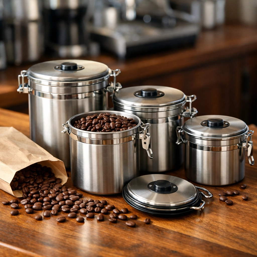 Air-tight stainless steel coffee storage canisters preserving fresh whole coffee beans