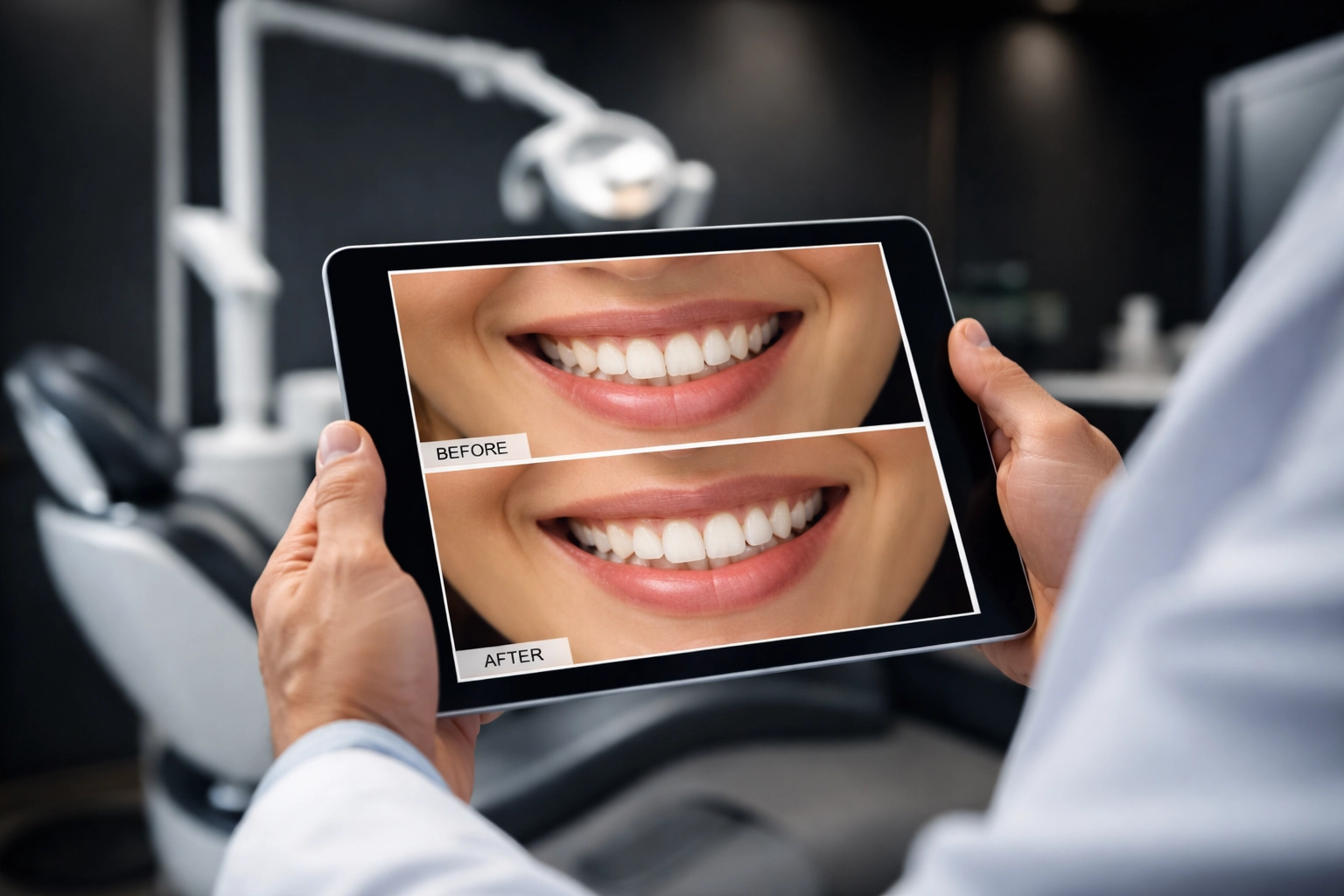 Dentist holding tablet with before-and-after smile photos in a modern Brisbane dental clinic