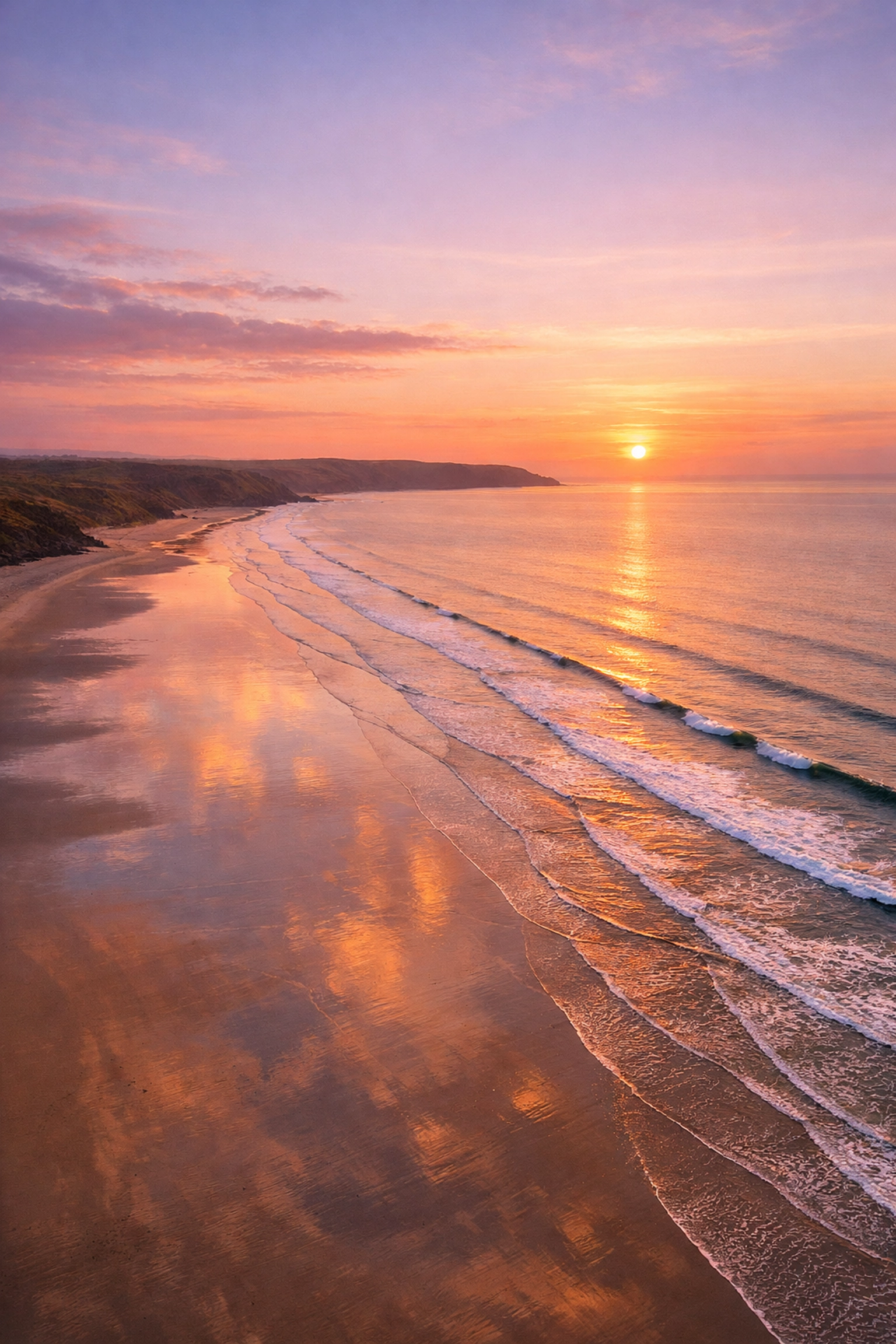 Aerial view of Saunton Sands beach in Devon at sunset, a peaceful location for drone ash scattering ceremonies.