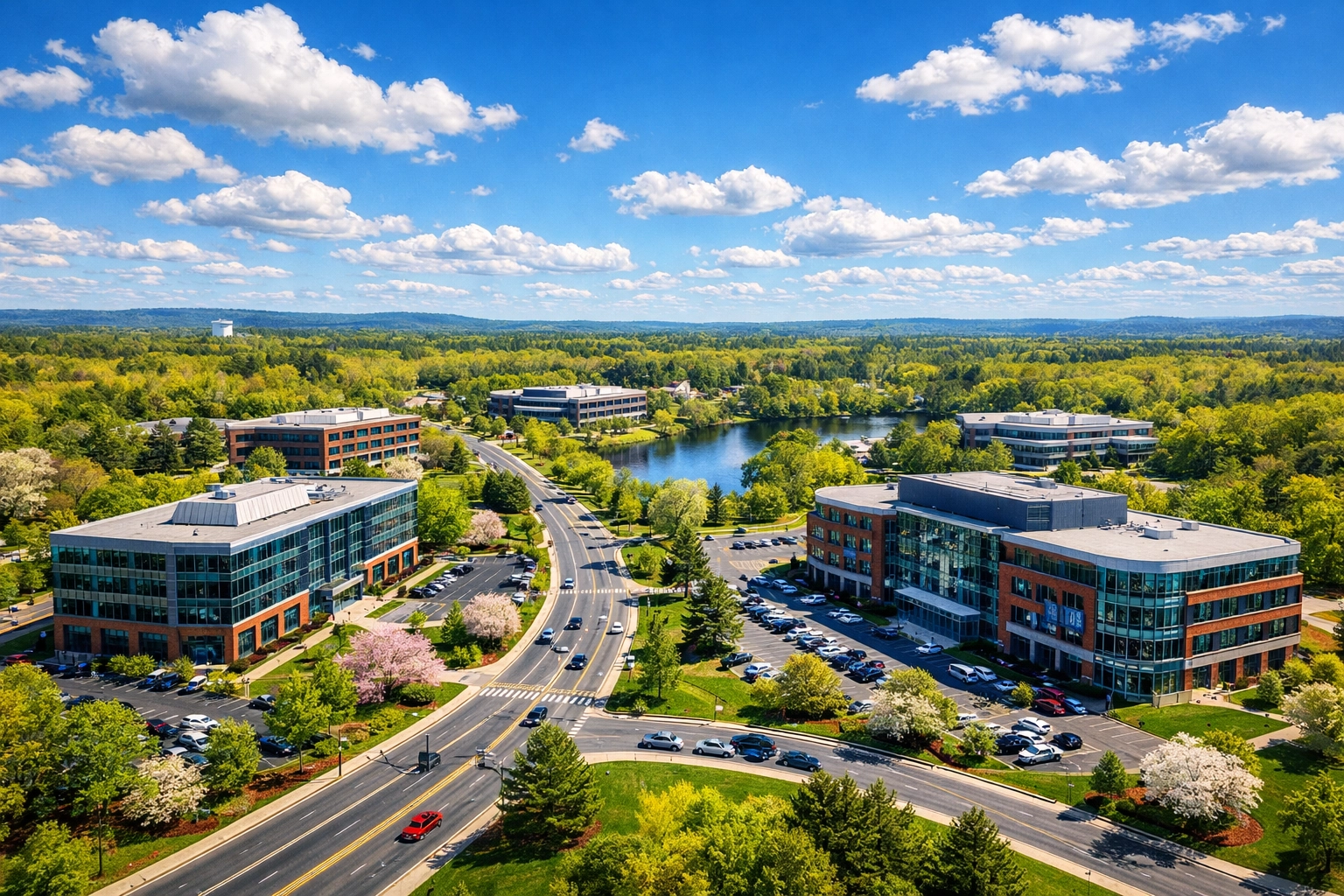 Aerial view of a professional office park in Littleton, Massachusetts, serviced by commercial cleaning experts.
