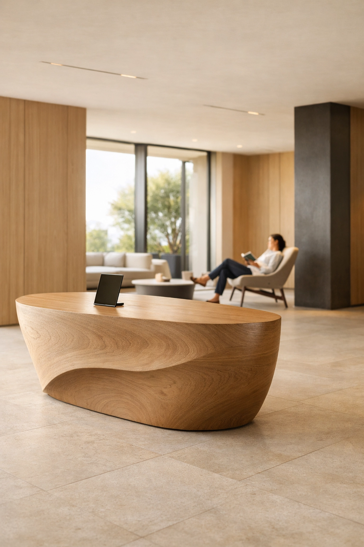 Modern hotel lobby using a guest-centric PMS platform to replace traditional reception desks.