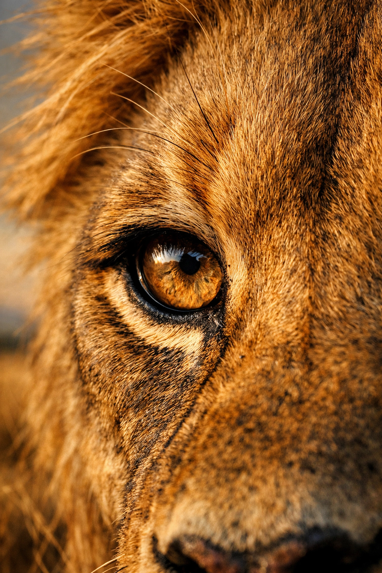 Sharp macro detail of a lion's eye preserved using high-fidelity professional file compression.