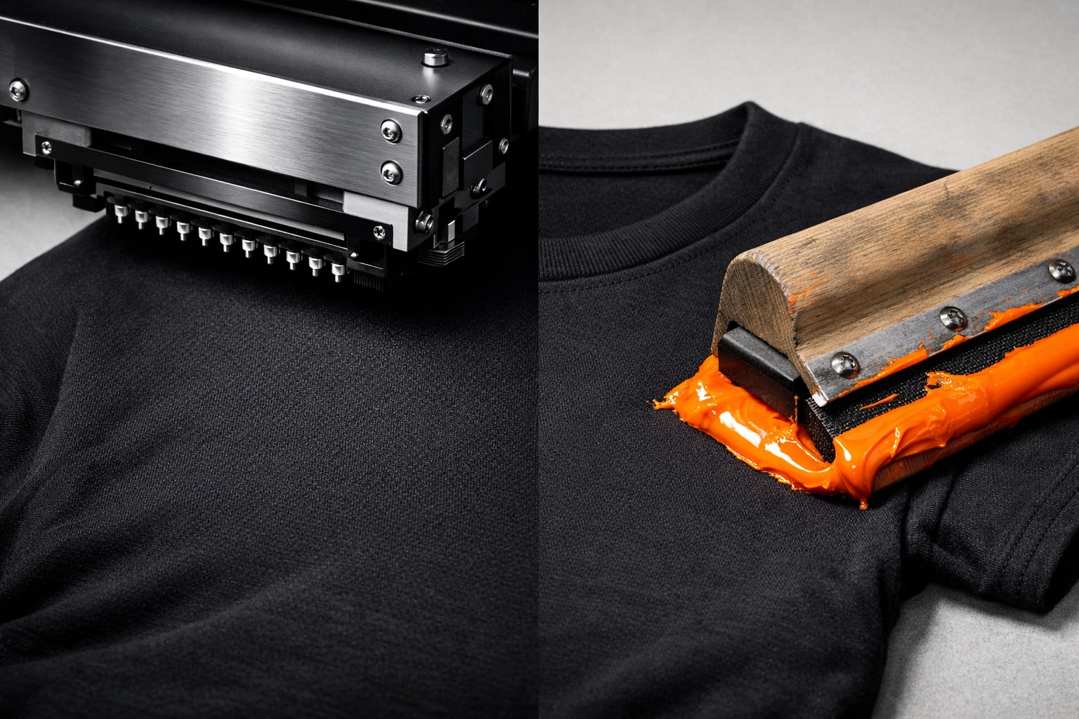 Comparison of DTG printing and screen printing tools on a black custom t-shirt for small runs.