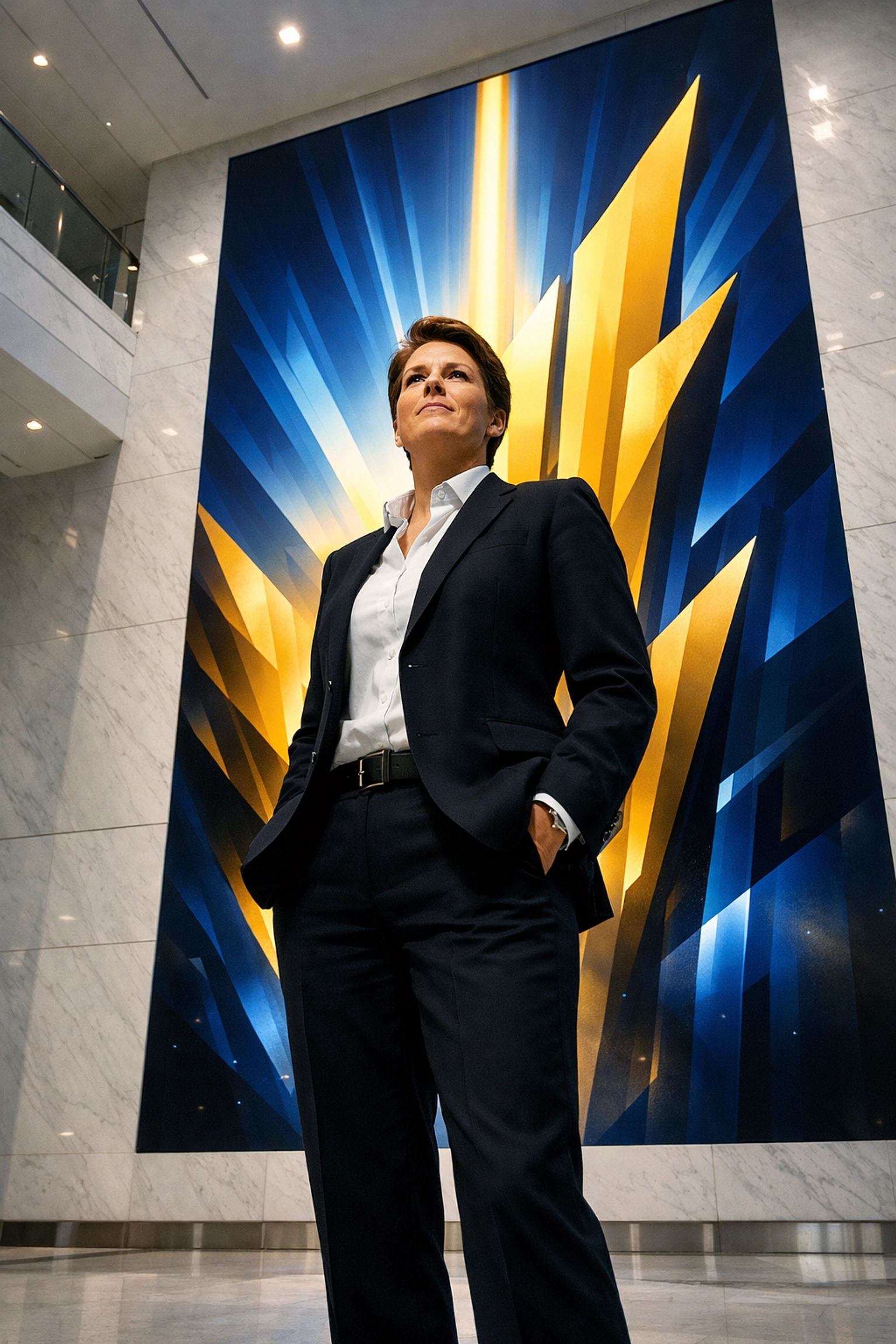 An executive standing in a modern lobby symbolizing strong brand identity and strategic leadership.