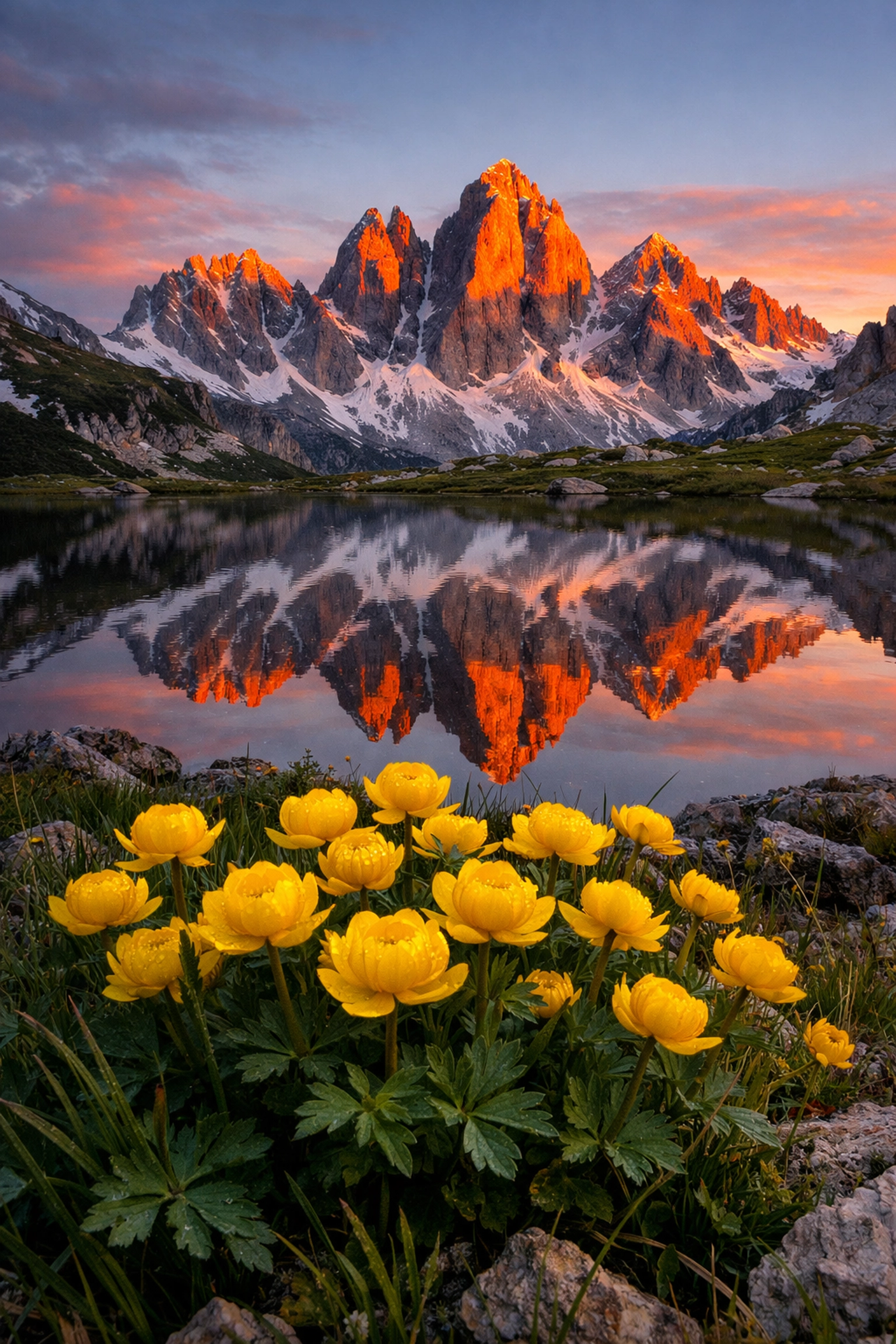 Sunrise at the Dolomites with wildflower foreground, demonstrating travel photography tips for landscape composition.